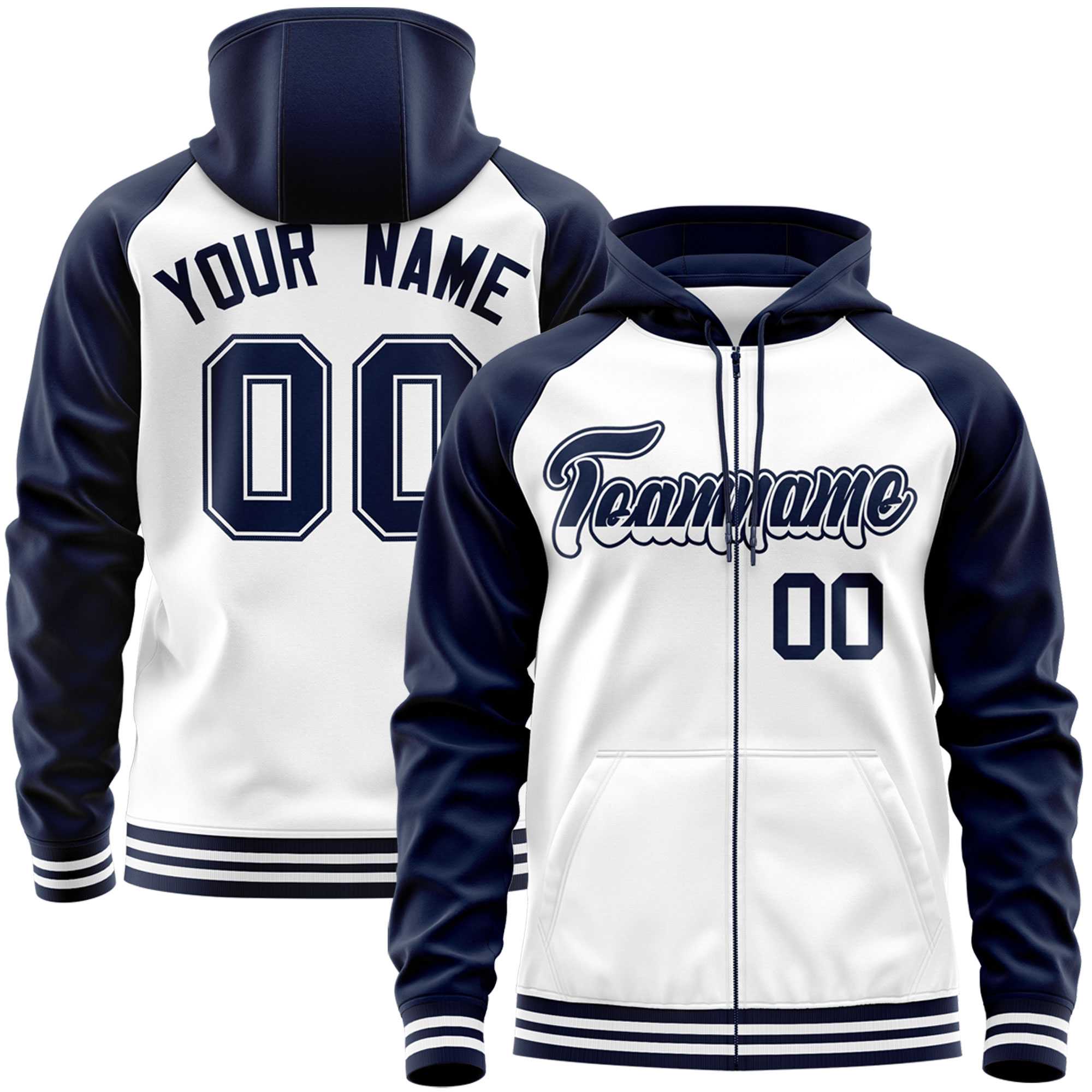 Custom Stitched White Navy Raglan Sleeves Sports Full-Zip Sweatshirt Hoodie