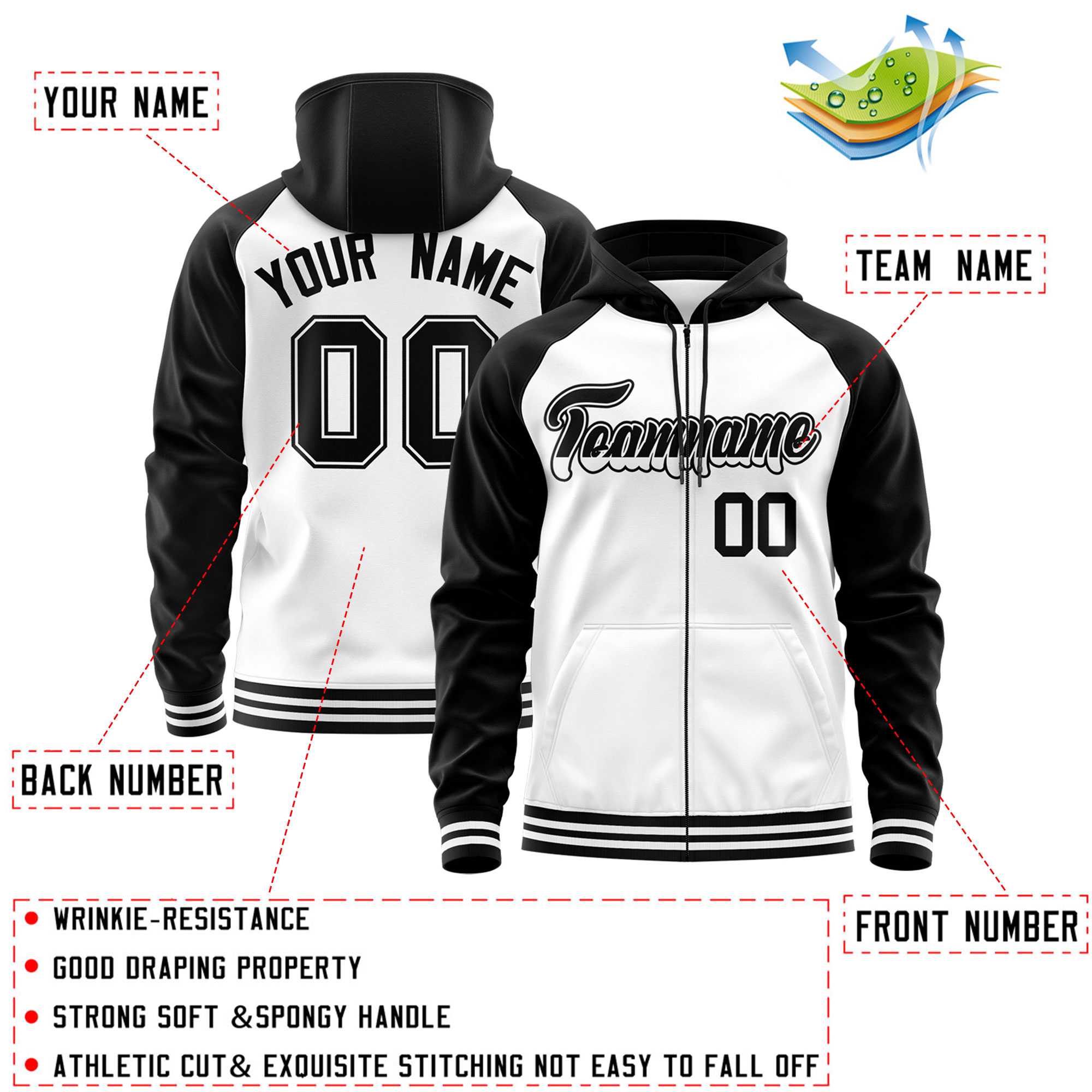 Custom Stitched White Black Raglan Sleeves Sports Full-Zip Sweatshirt Hoodie