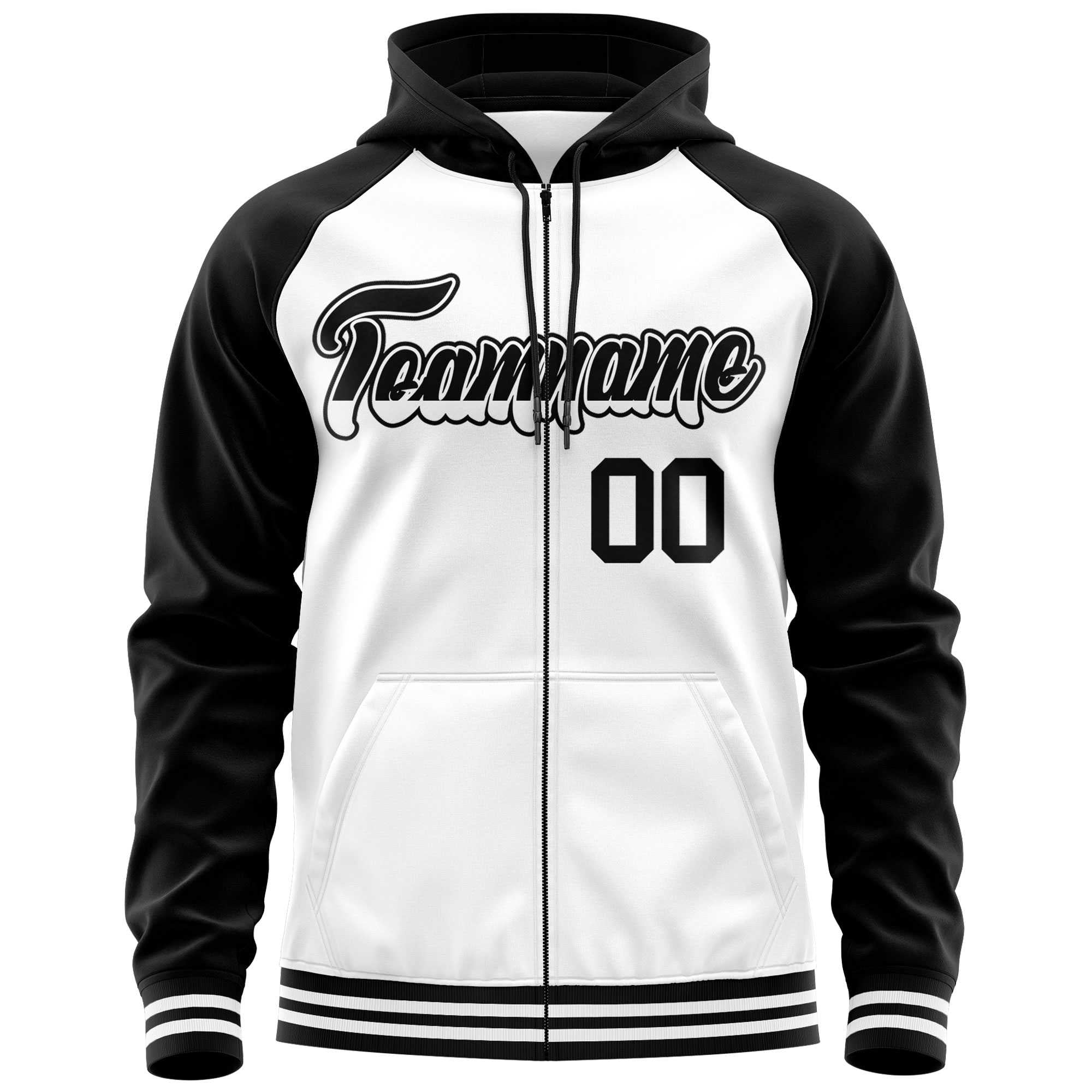 Custom Stitched White Black Raglan Sleeves Sports Full-Zip Sweatshirt Hoodie