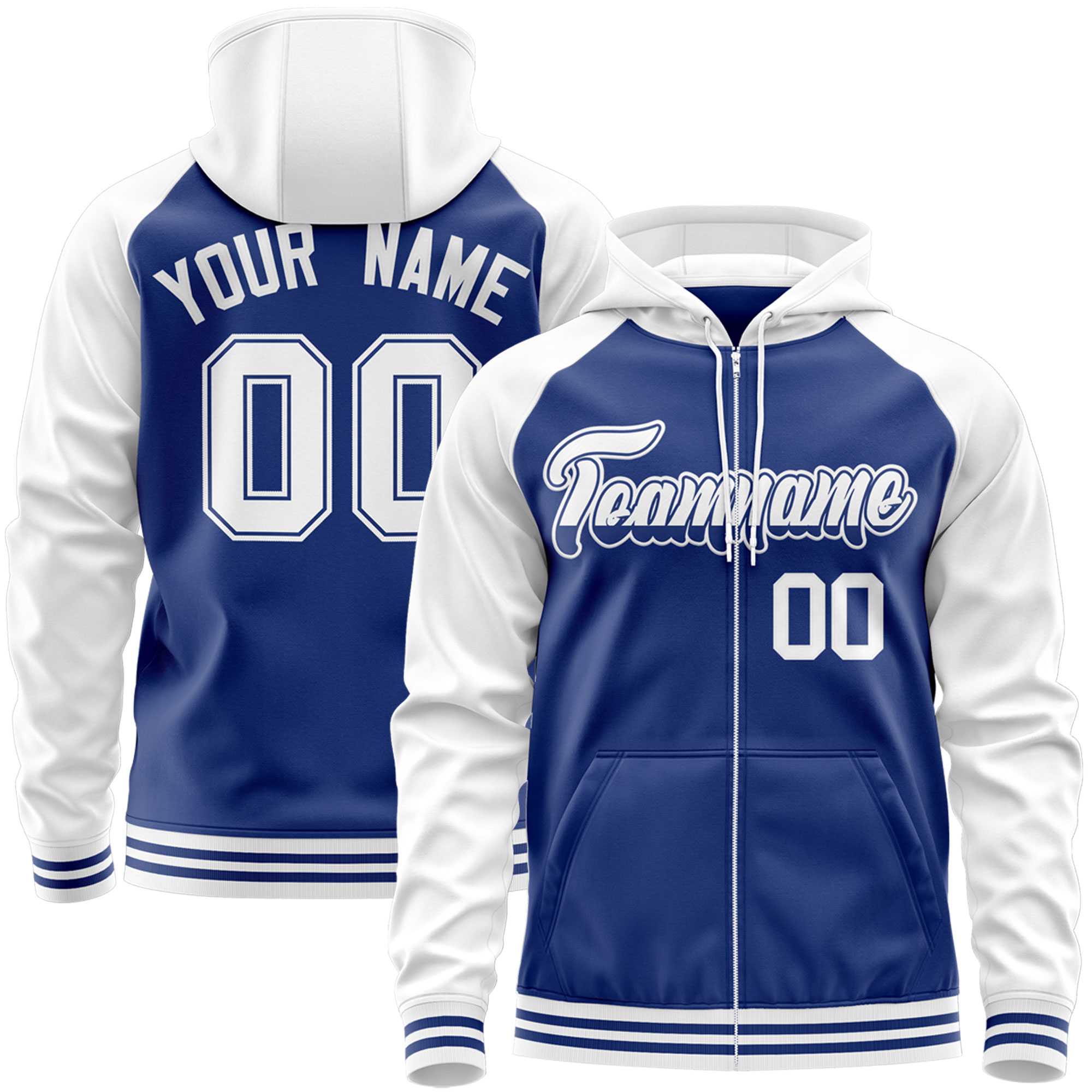 Custom Stitched Royal White Raglan Sleeves Sports Full-Zip Sweatshirt Hoodie