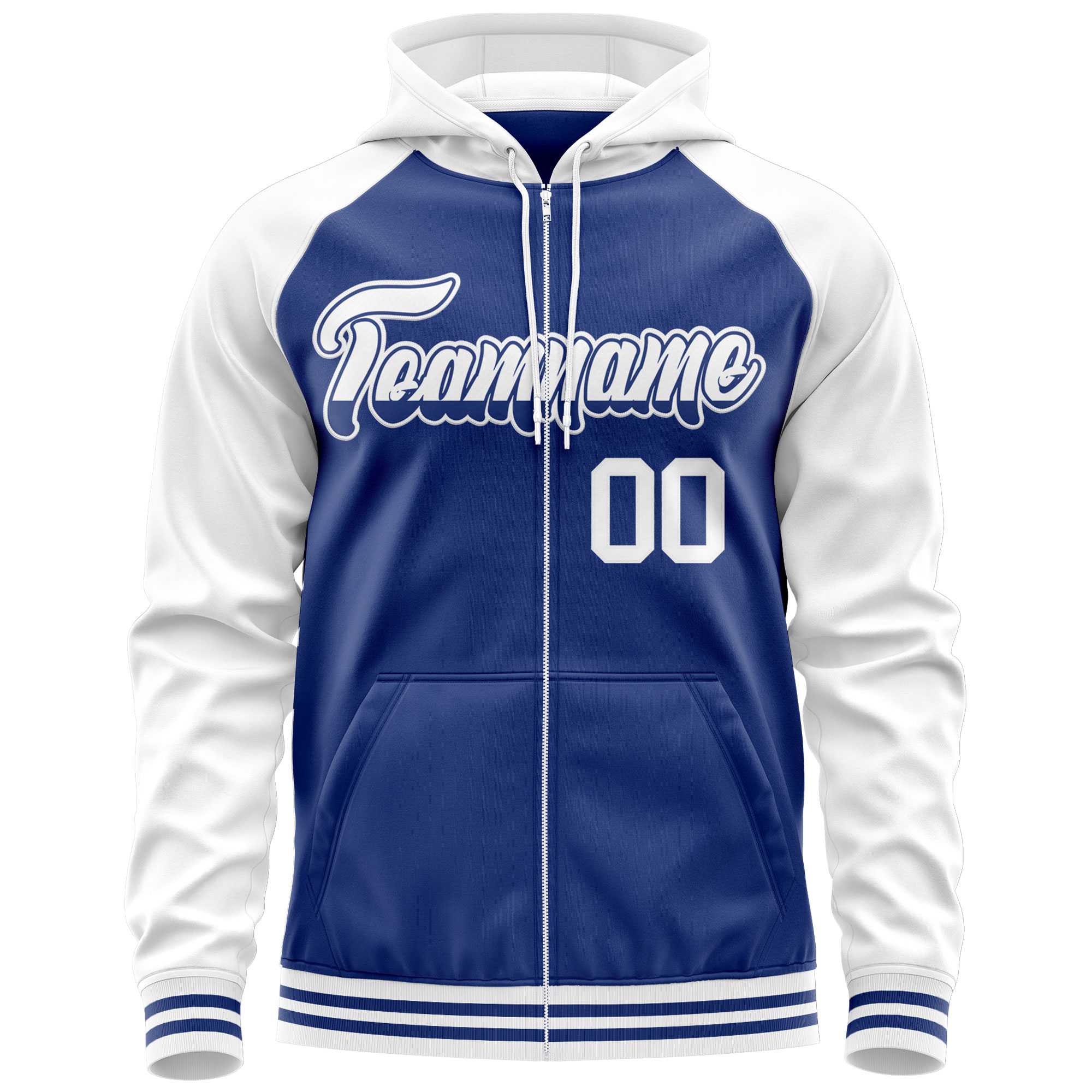 Custom Stitched Royal White Raglan Sleeves Sports Full-Zip Sweatshirt Hoodie