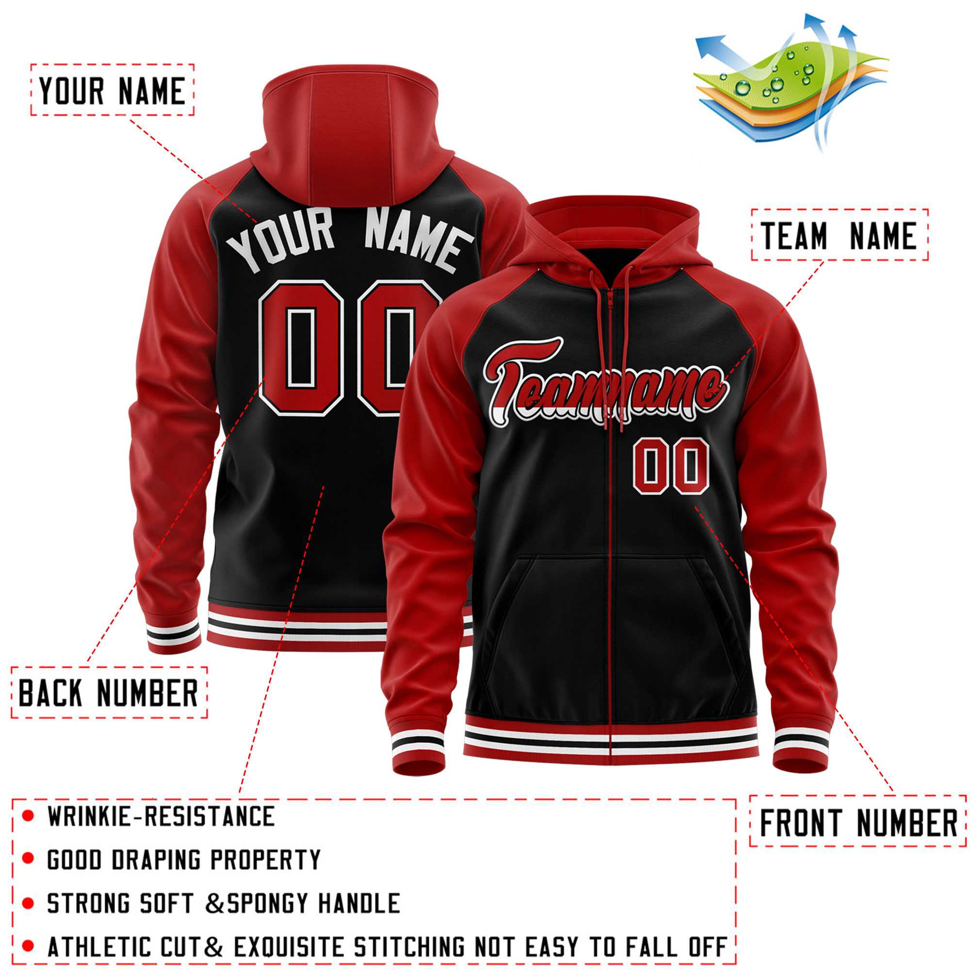 Custom Stitched Black Red Raglan Sleeves Sports Full-Zip Sweatshirt Hoodie