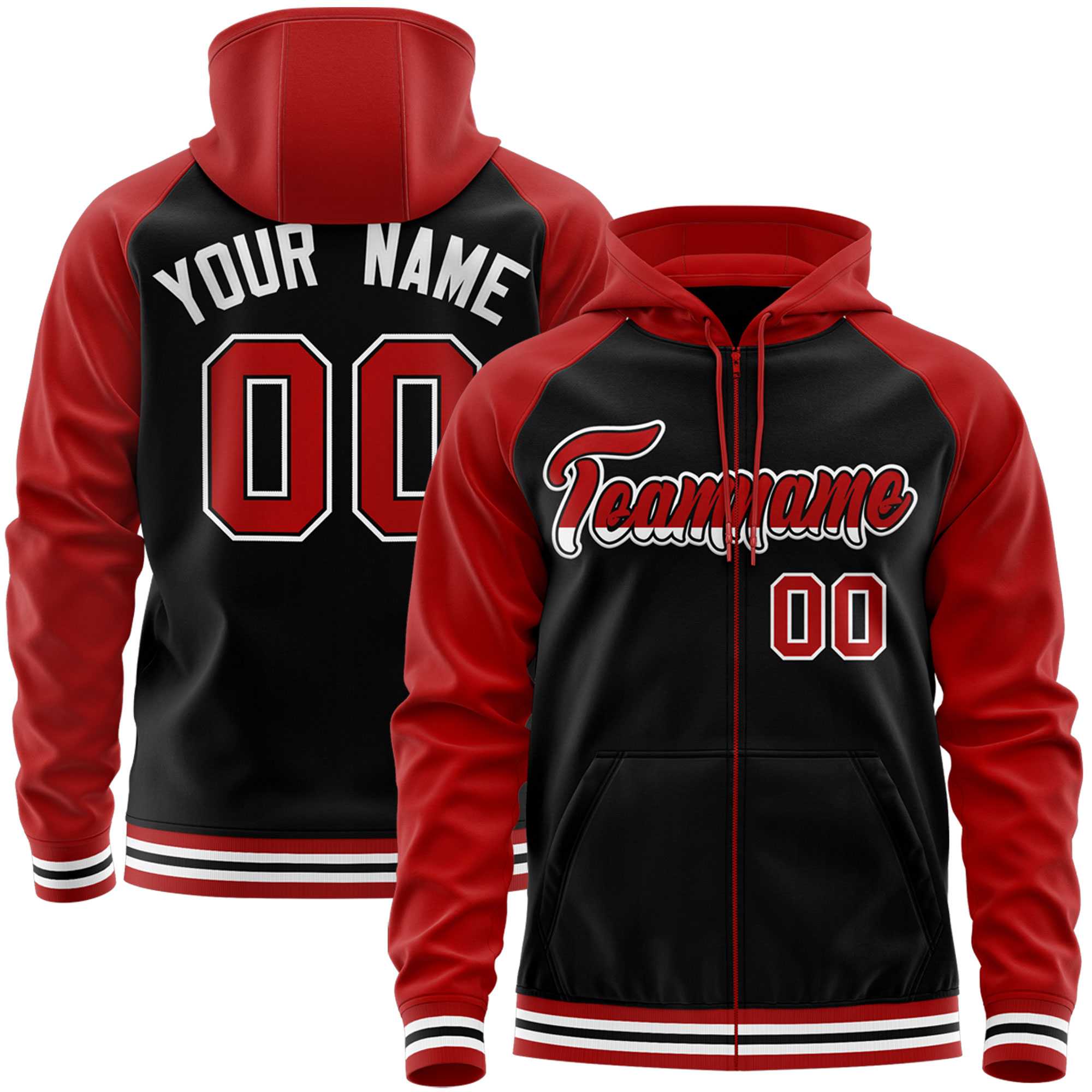 Custom Stitched Black Red Raglan Sleeves Sports Full-Zip Sweatshirt Hoodie