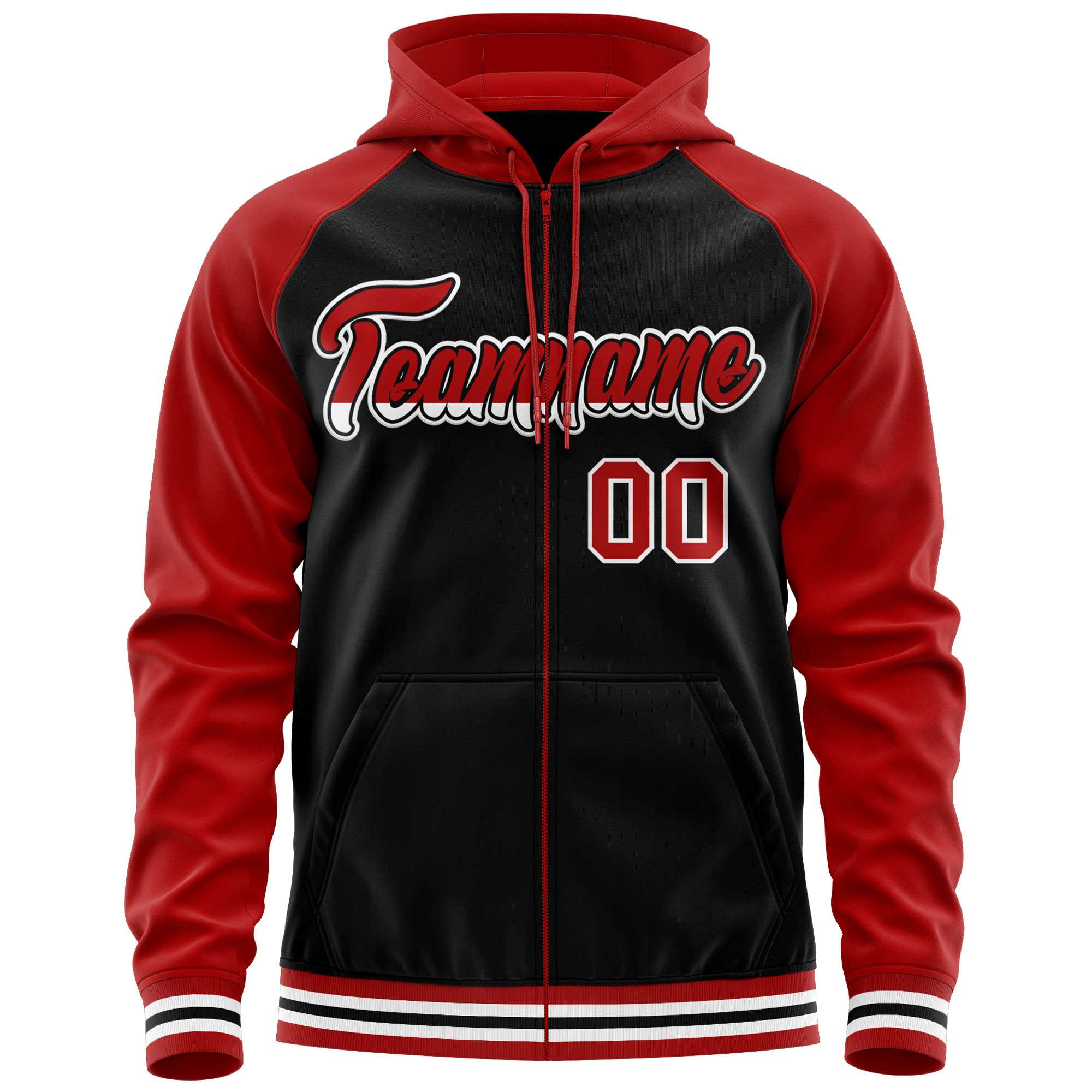 Custom Stitched Black Red Raglan Sleeves Sports Full-Zip Sweatshirt Hoodie