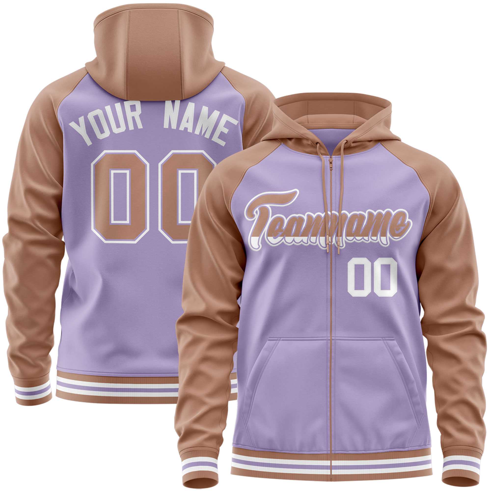 Custom Stitched Light Purple Brown Raglan Sleeves Sports Full-Zip Sweatshirt Hoodie