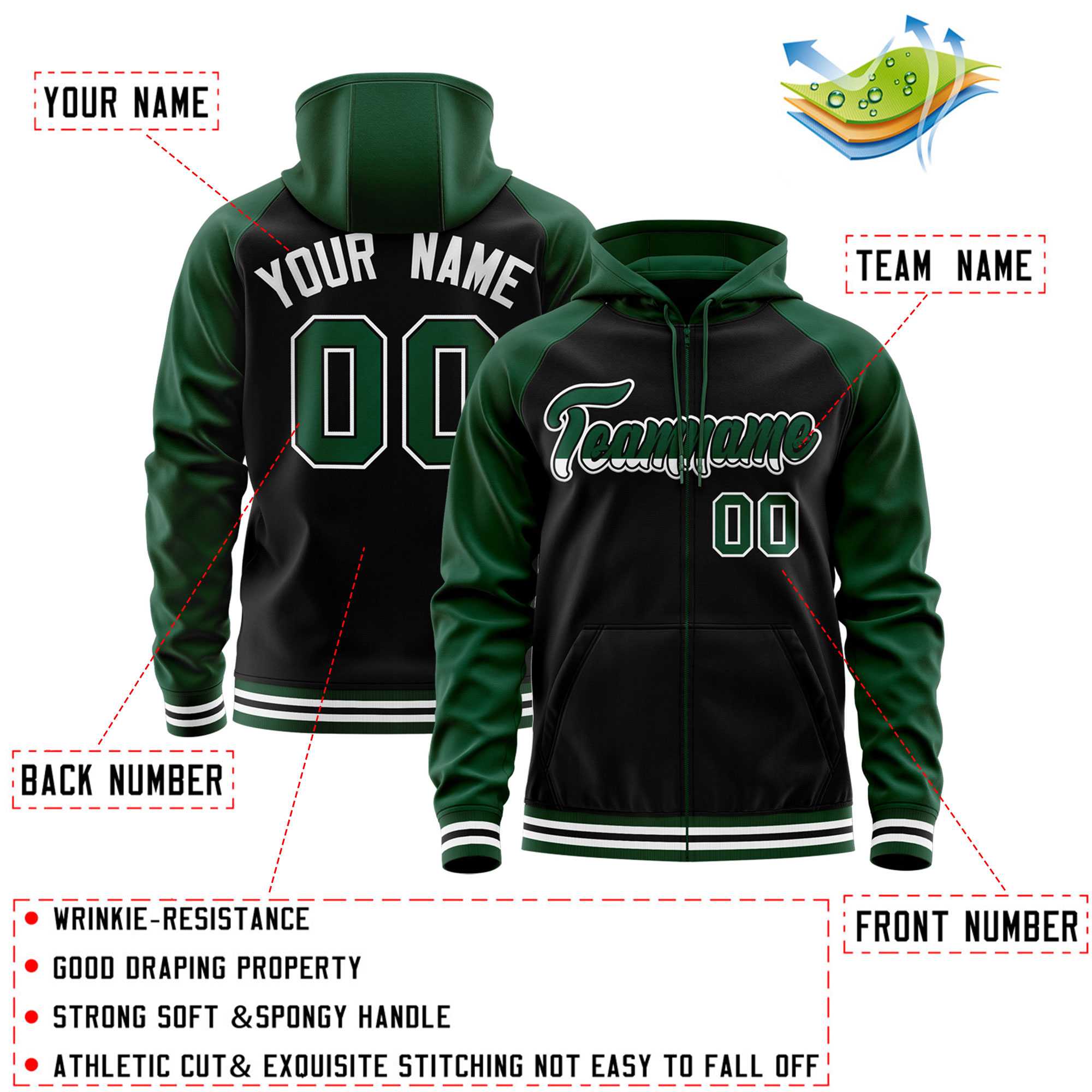 Custom Stitched Black Green Raglan Sleeves Sports Full-Zip Sweatshirt Hoodie