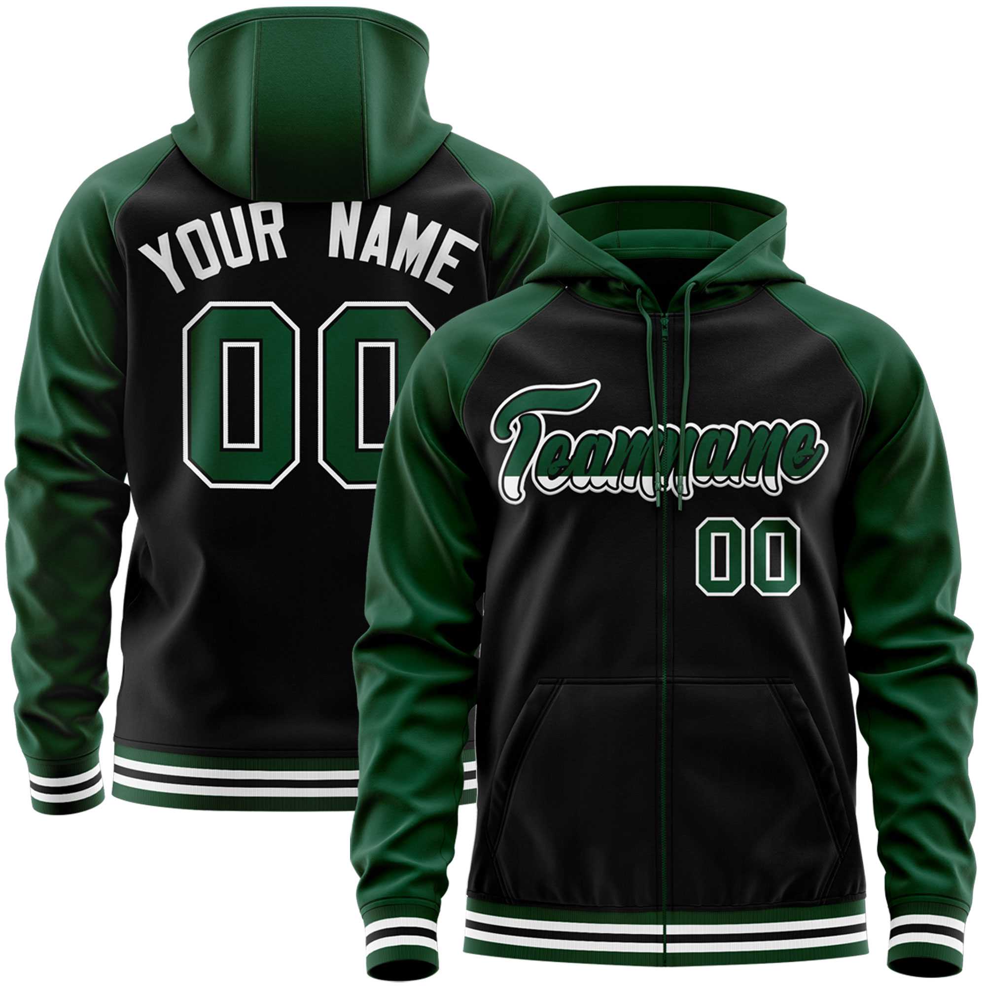 Custom Stitched Black Green Raglan Sleeves Sports Full-Zip Sweatshirt Hoodie