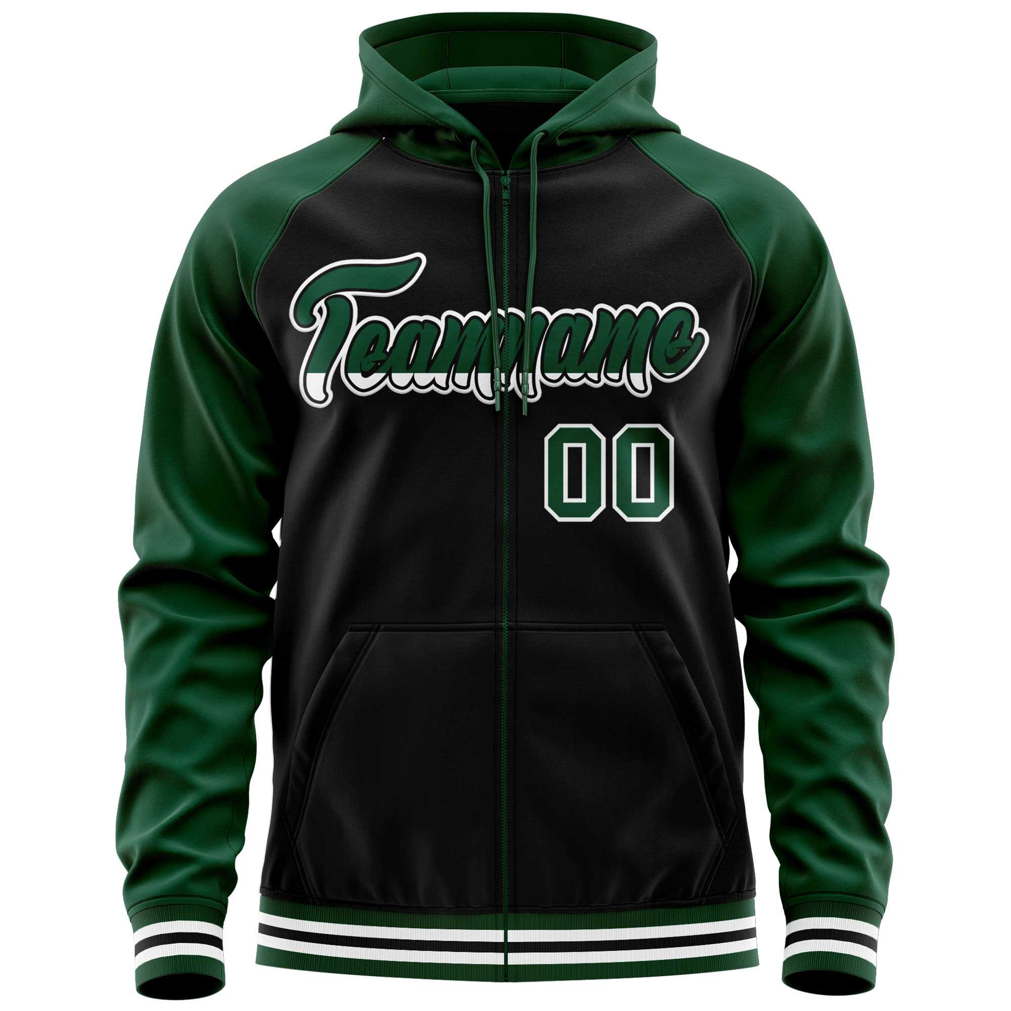 Custom Stitched Black Green Raglan Sleeves Sports Full-Zip Sweatshirt Hoodie