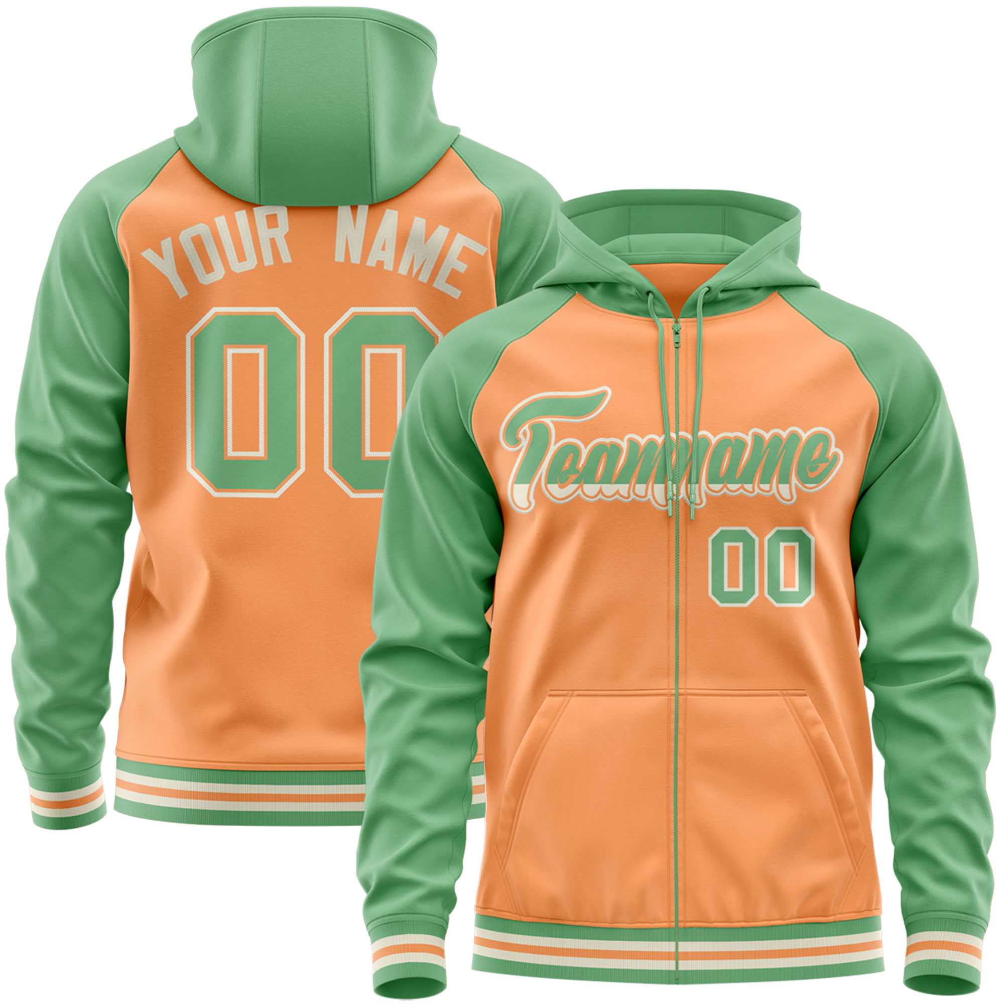 Custom Stitched Light Orange Green Raglan Sleeves Sports Full-Zip Sweatshirt Hoodie