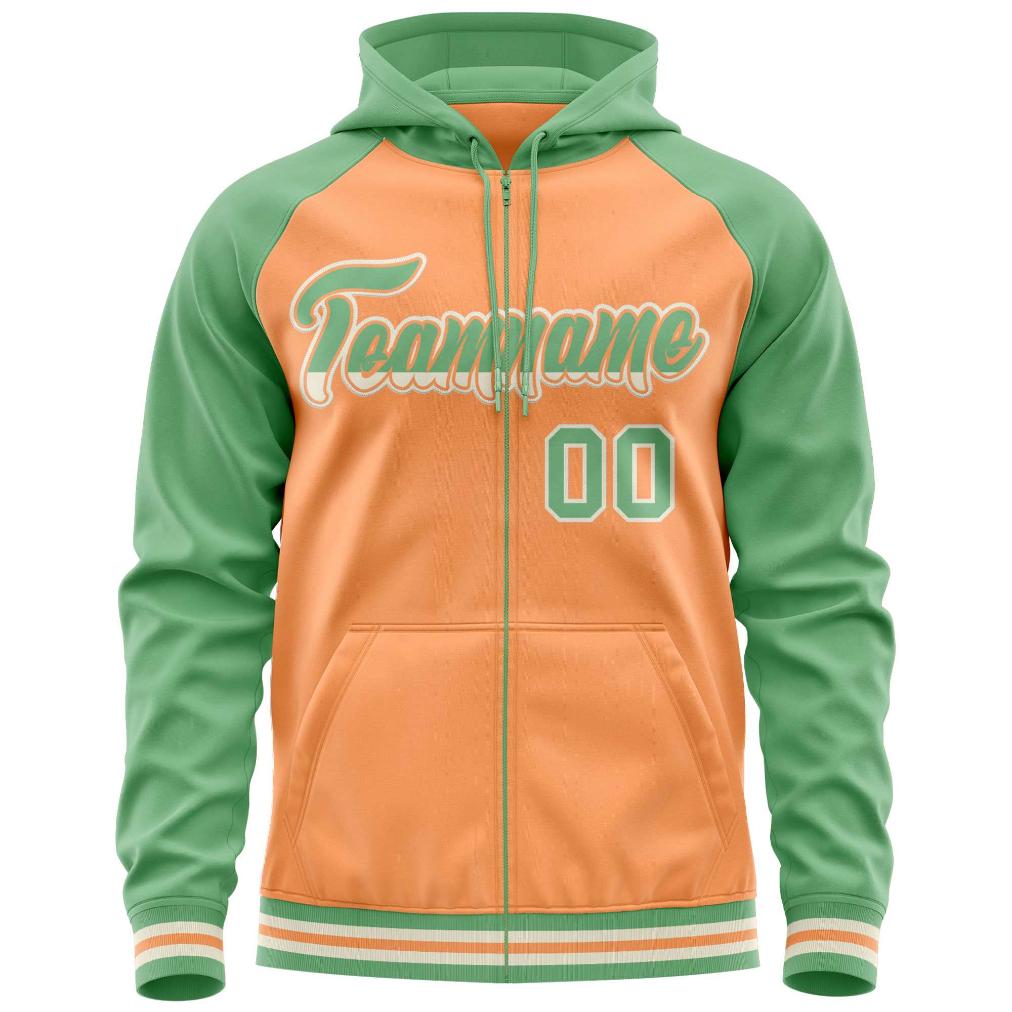 Custom Stitched Light Orange Green Raglan Sleeves Sports Full-Zip Sweatshirt Hoodie