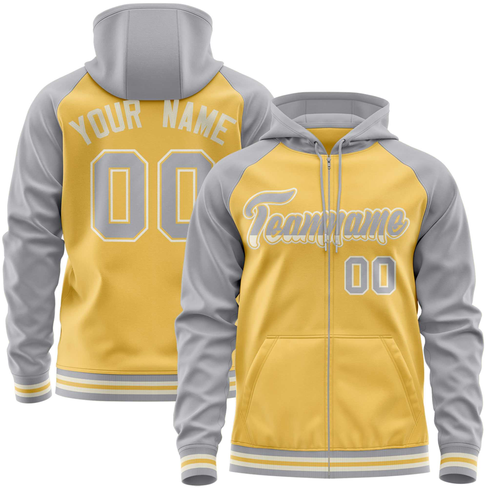 Custom Stitched Yellow Light Gray Raglan Sleeves Sports Full-Zip Sweatshirt Hoodie