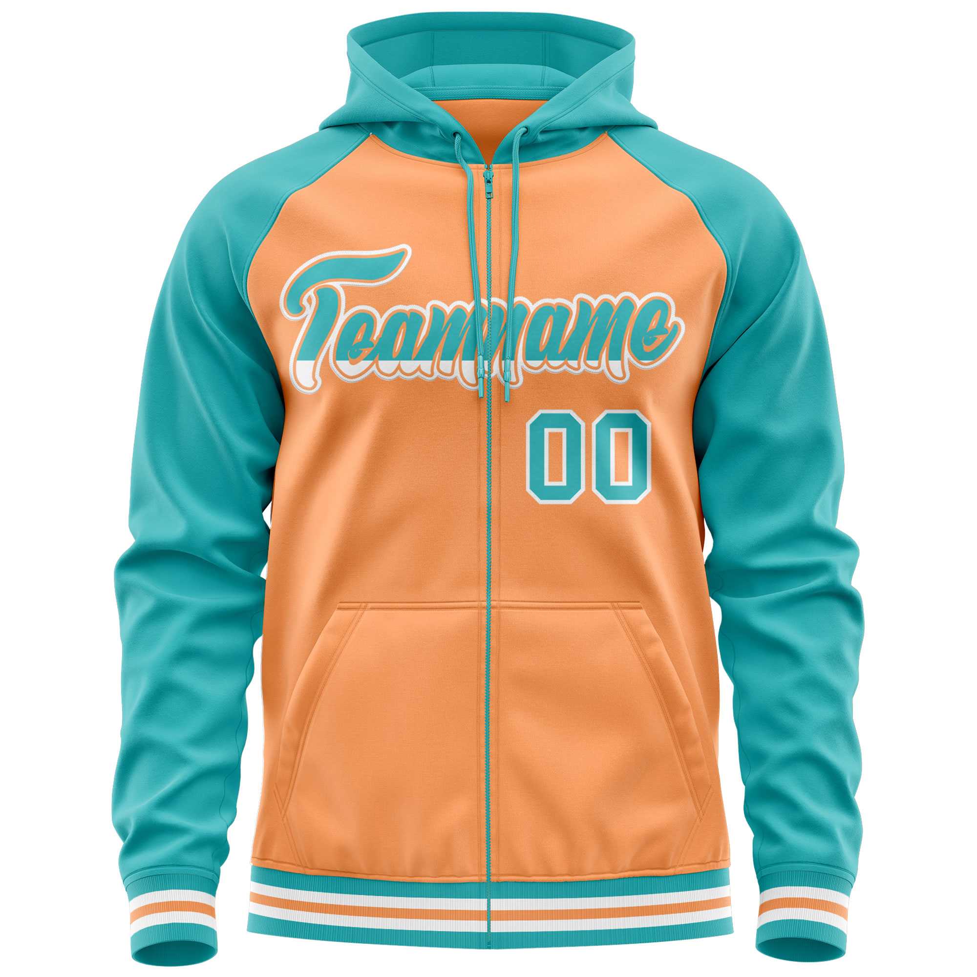 Custom Stitched Light Orange Aqua Raglan Sleeves Sports Full-Zip Sweatshirt Hoodie