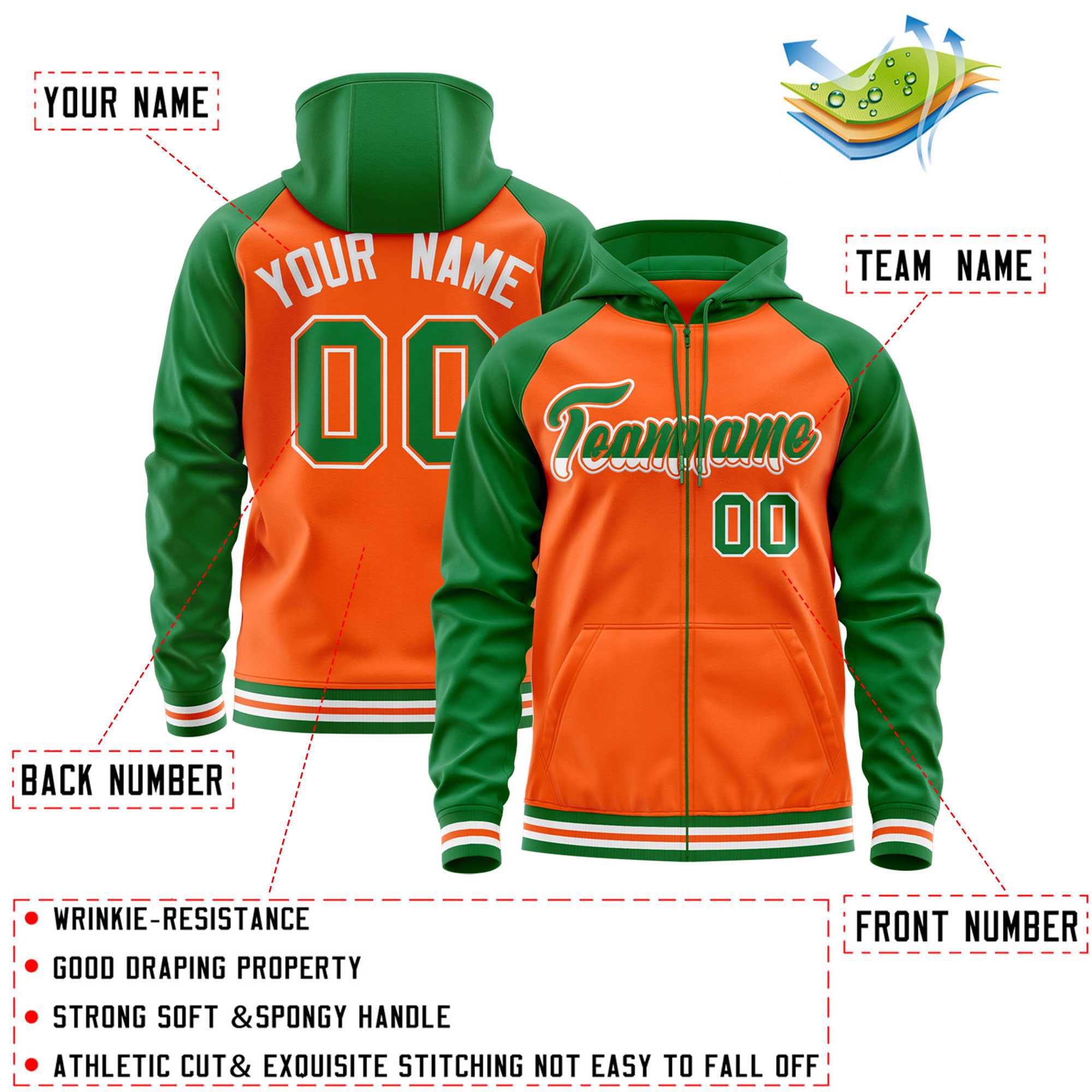 Custom Stitched Orange Kelly Green Raglan Sleeves Sports Full-Zip Sweatshirt Hoodie