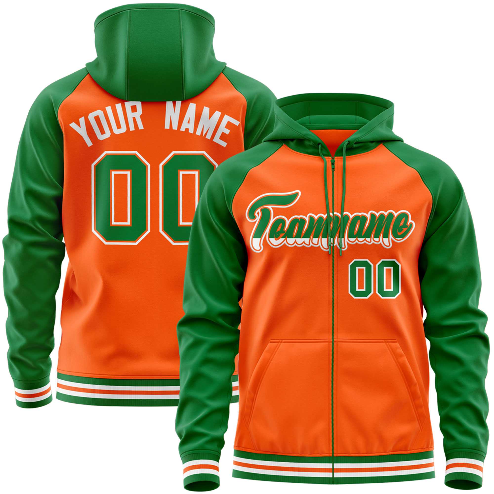 Custom Stitched Orange Kelly Green Raglan Sleeves Sports Full-Zip Sweatshirt Hoodie