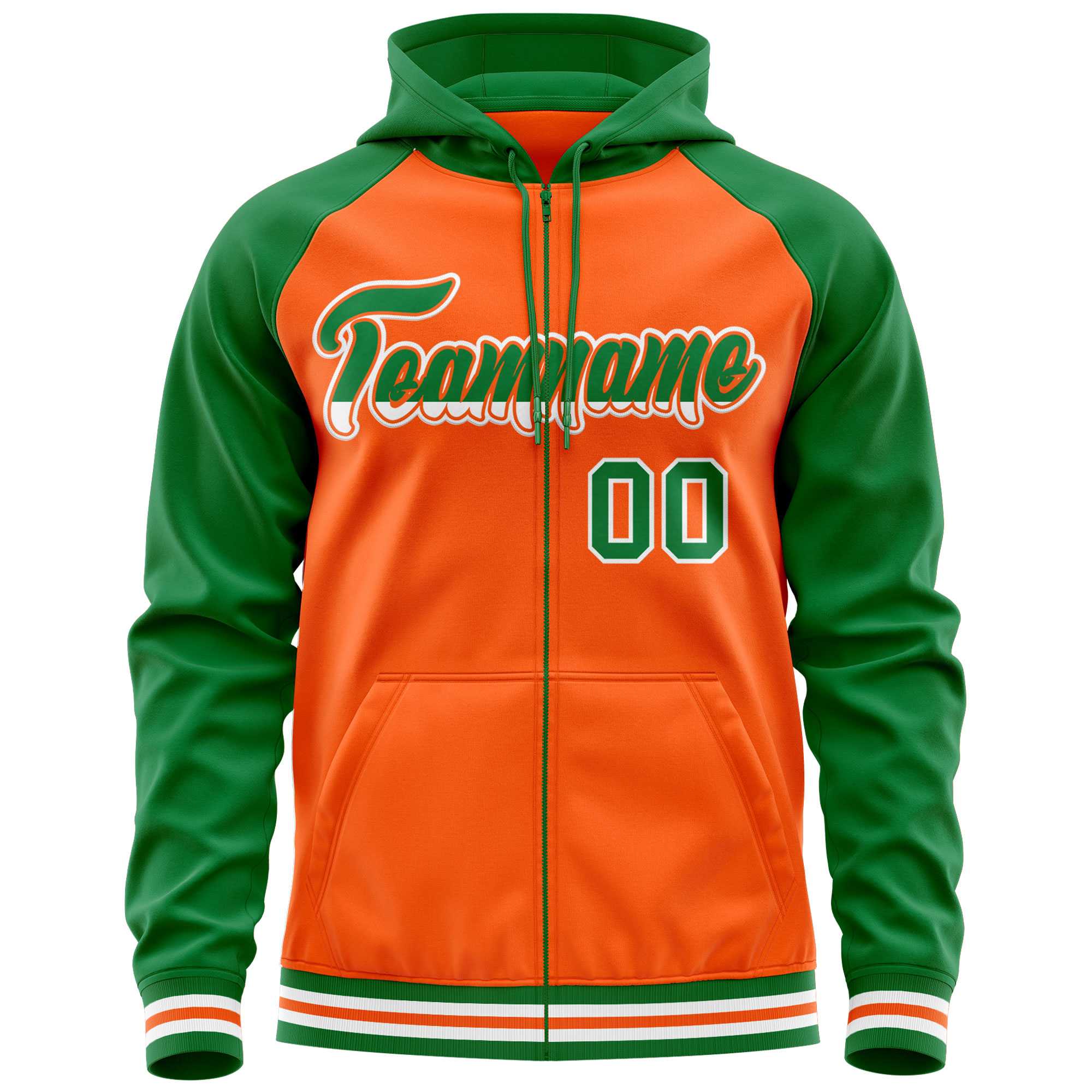 Custom Stitched Orange Kelly Green Raglan Sleeves Sports Full-Zip Sweatshirt Hoodie