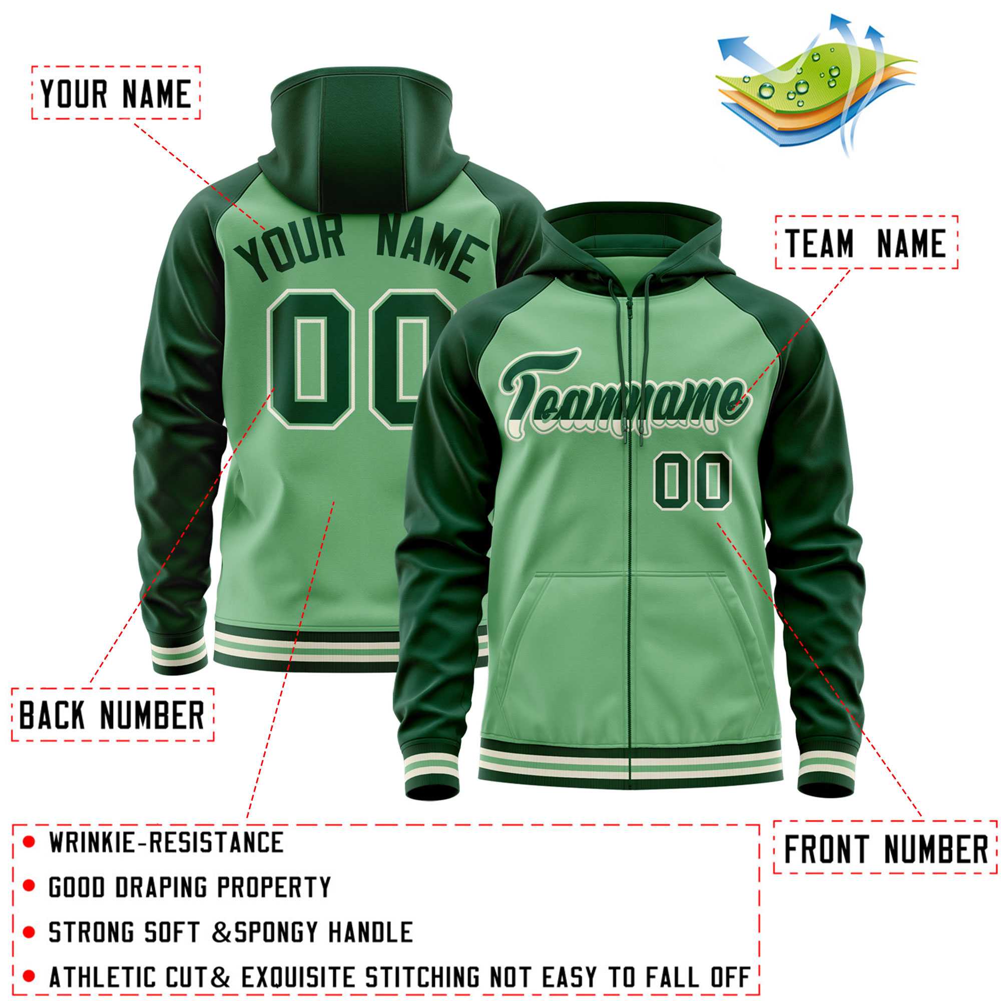 Custom Stitched Green Raglan Sleeves Sports Full-Zip Sweatshirt Hoodie