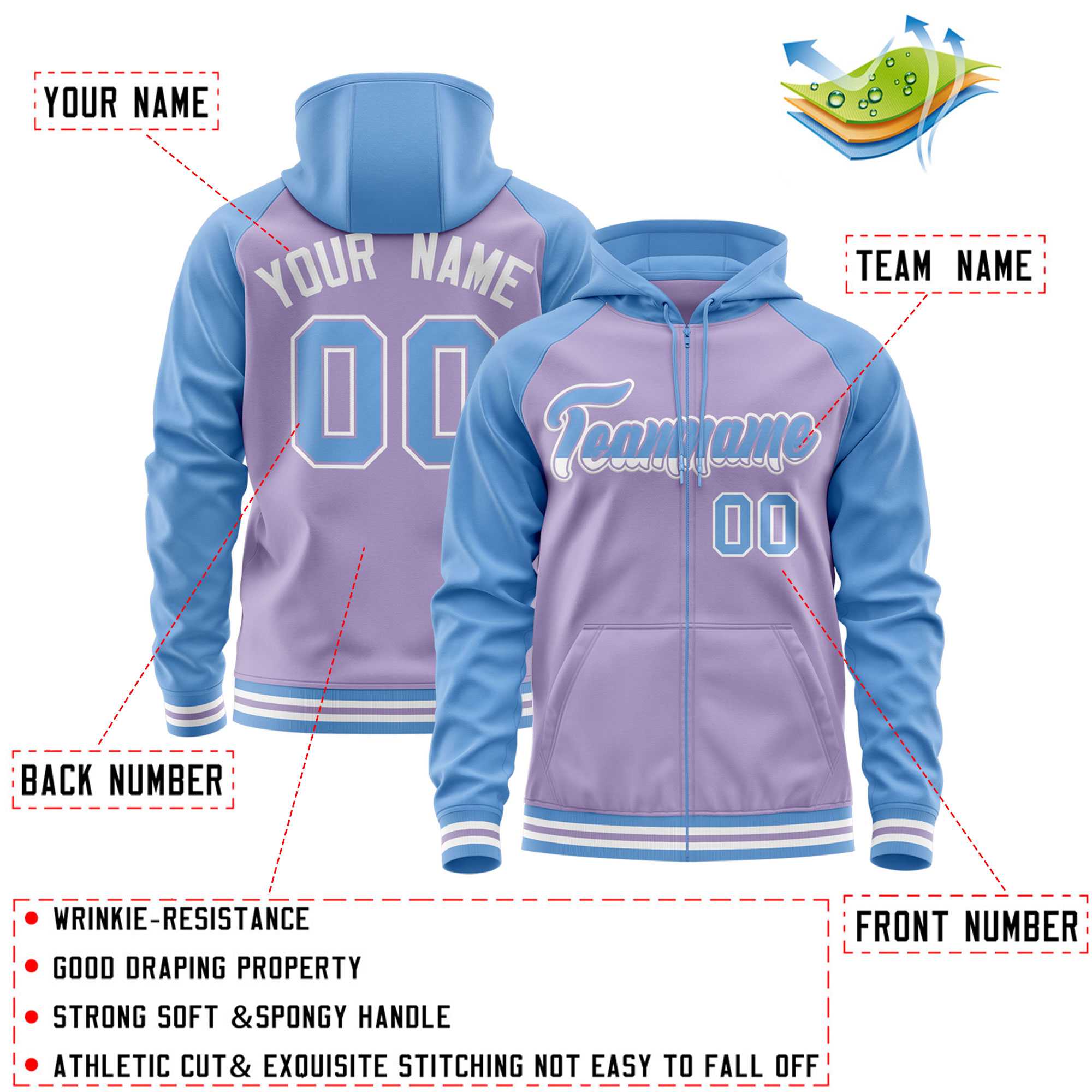 Custom Stitched Light Purple Powder Blue Raglan Sleeves Sports Full-Zip Sweatshirt Hoodie