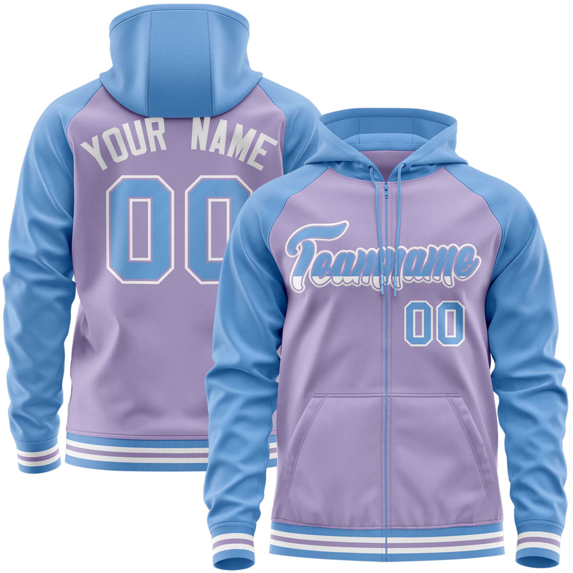 Custom Stitched Light Purple Powder Blue Raglan Sleeves Sports Full-Zip Sweatshirt Hoodie