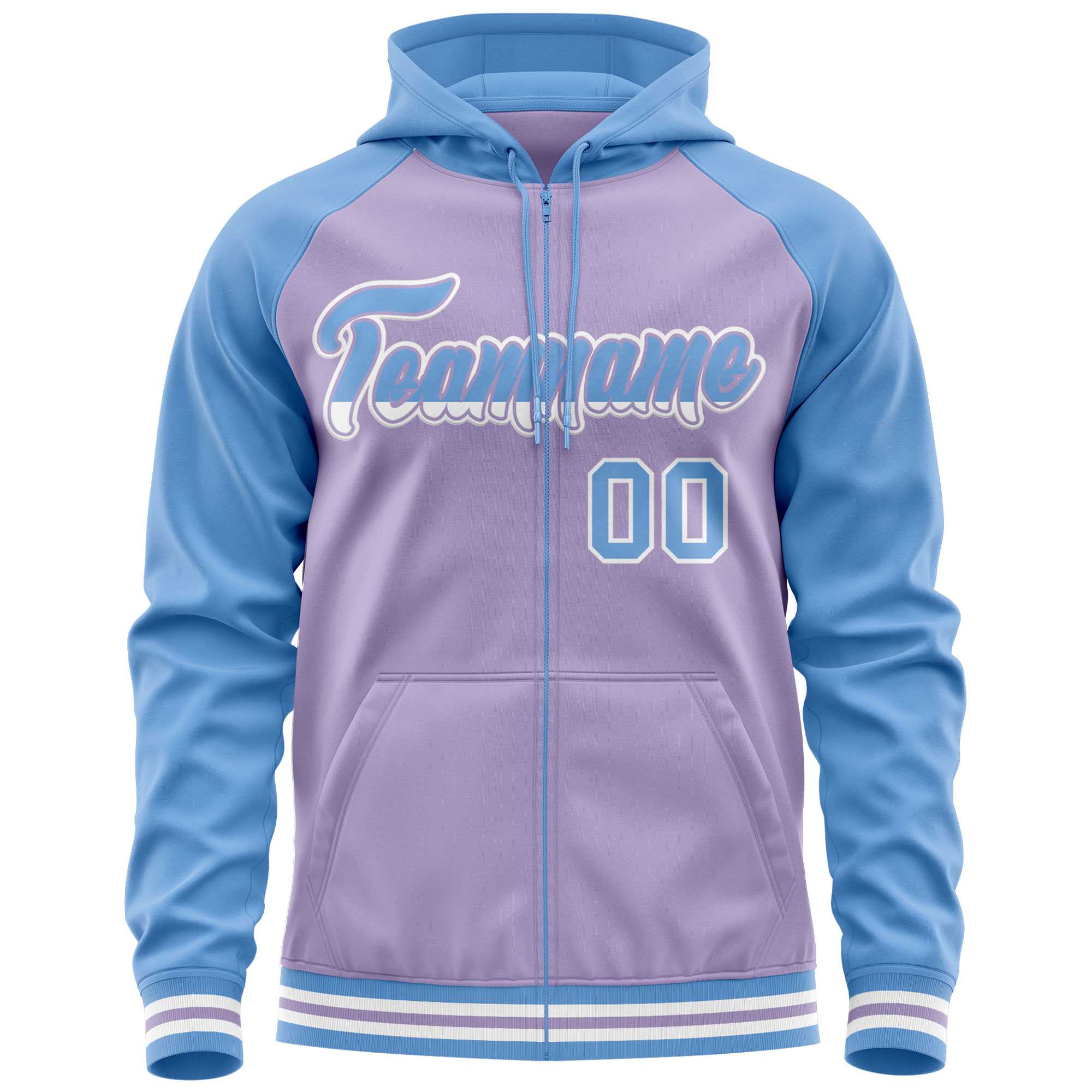 Custom Stitched Light Purple Powder Blue Raglan Sleeves Sports Full-Zip Sweatshirt Hoodie