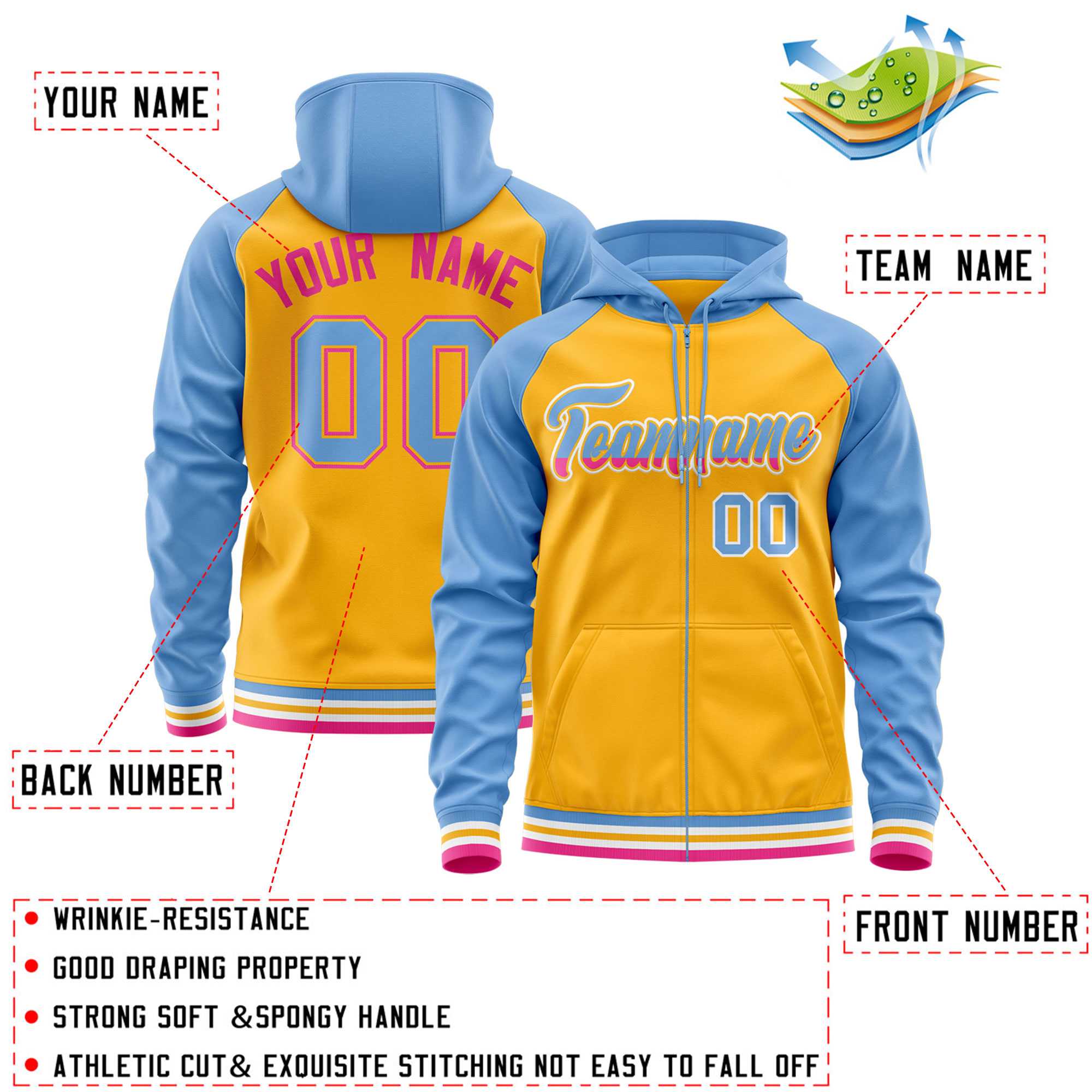 Custom Stitched Yellow Powder Blue Raglan Sleeves Sports Full-Zip Sweatshirt Hoodie