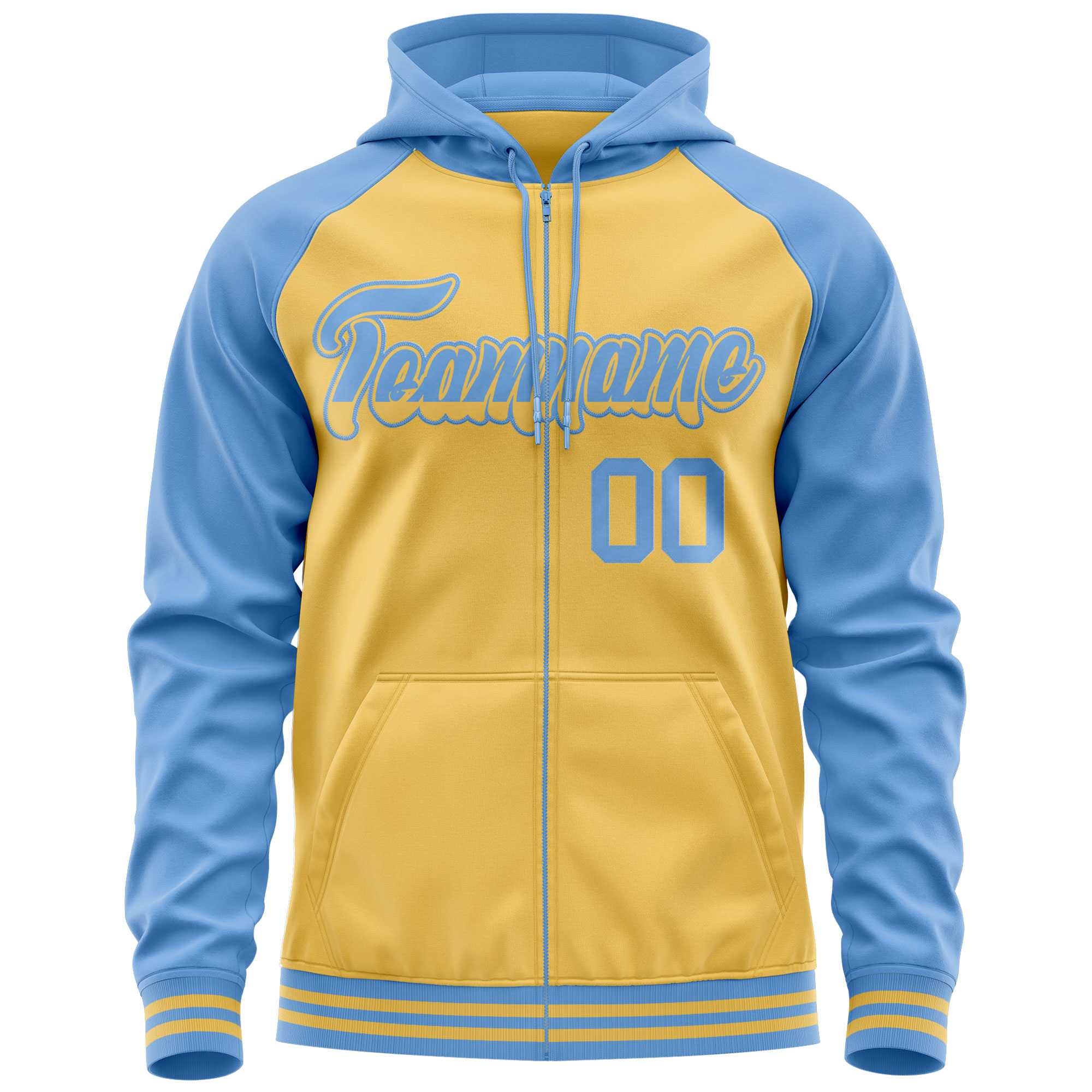 Custom Stitched Yellow Powder Blue Raglan Sleeves Sports Full-Zip Sweatshirt Hoodie