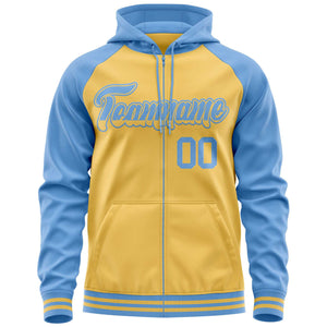 Custom Stitched Yellow Powder Blue Raglan Sleeves Sports Full-Zip Sweatshirt Hoodie