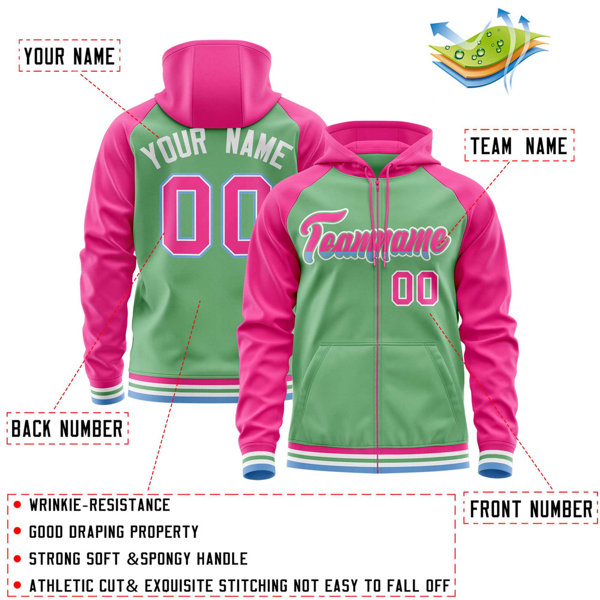 Custom Stitched Green Pink Raglan Sleeves Sports Full-Zip Sweatshirt Hoodie