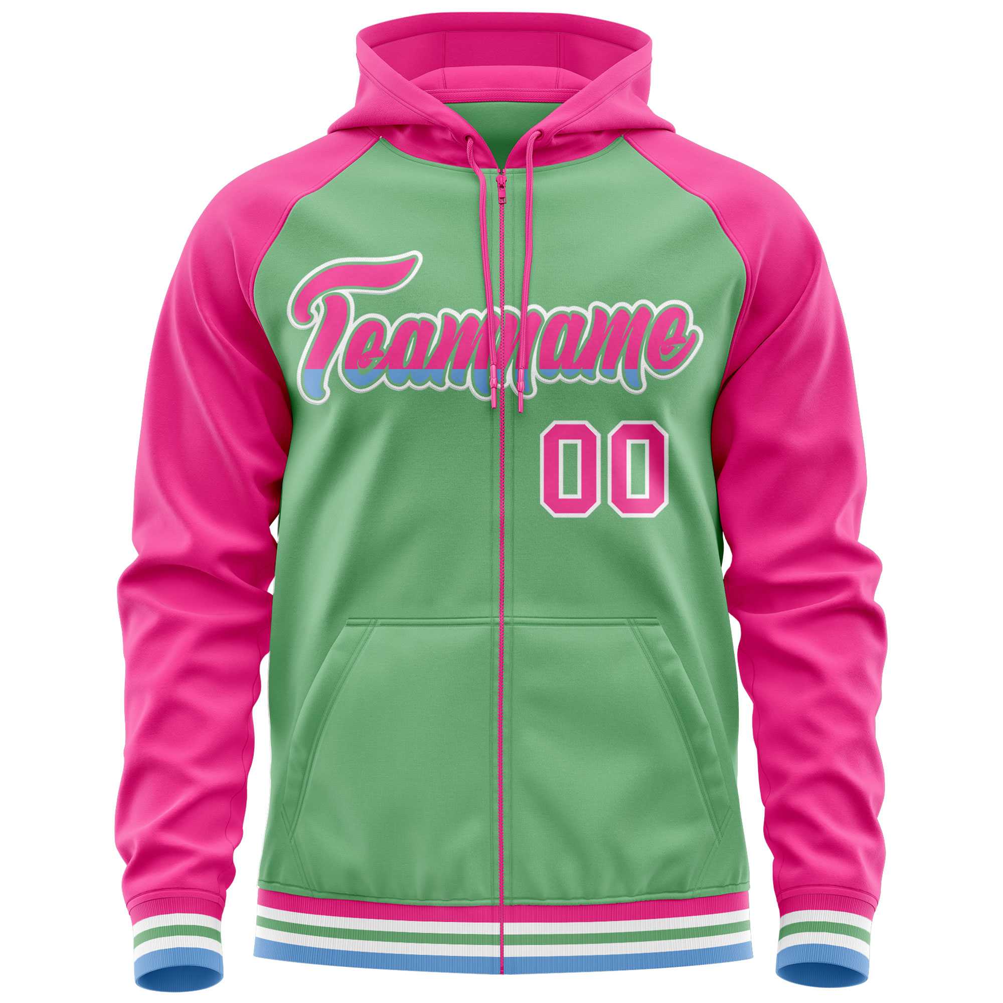 Custom Stitched Green Pink Raglan Sleeves Sports Full-Zip Sweatshirt Hoodie