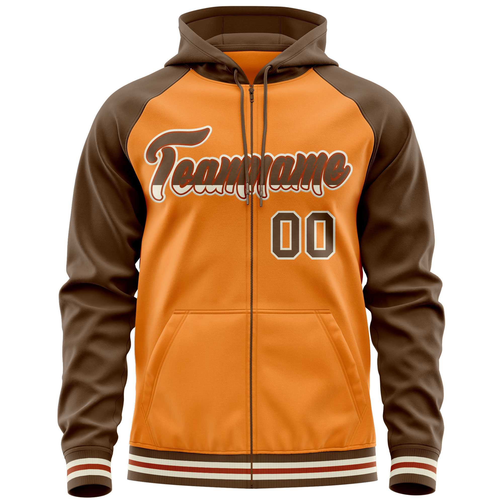 Custom Stitched Light Orange Light Brown Raglan Sleeves Sports Full-Zip Sweatshirt Hoodie