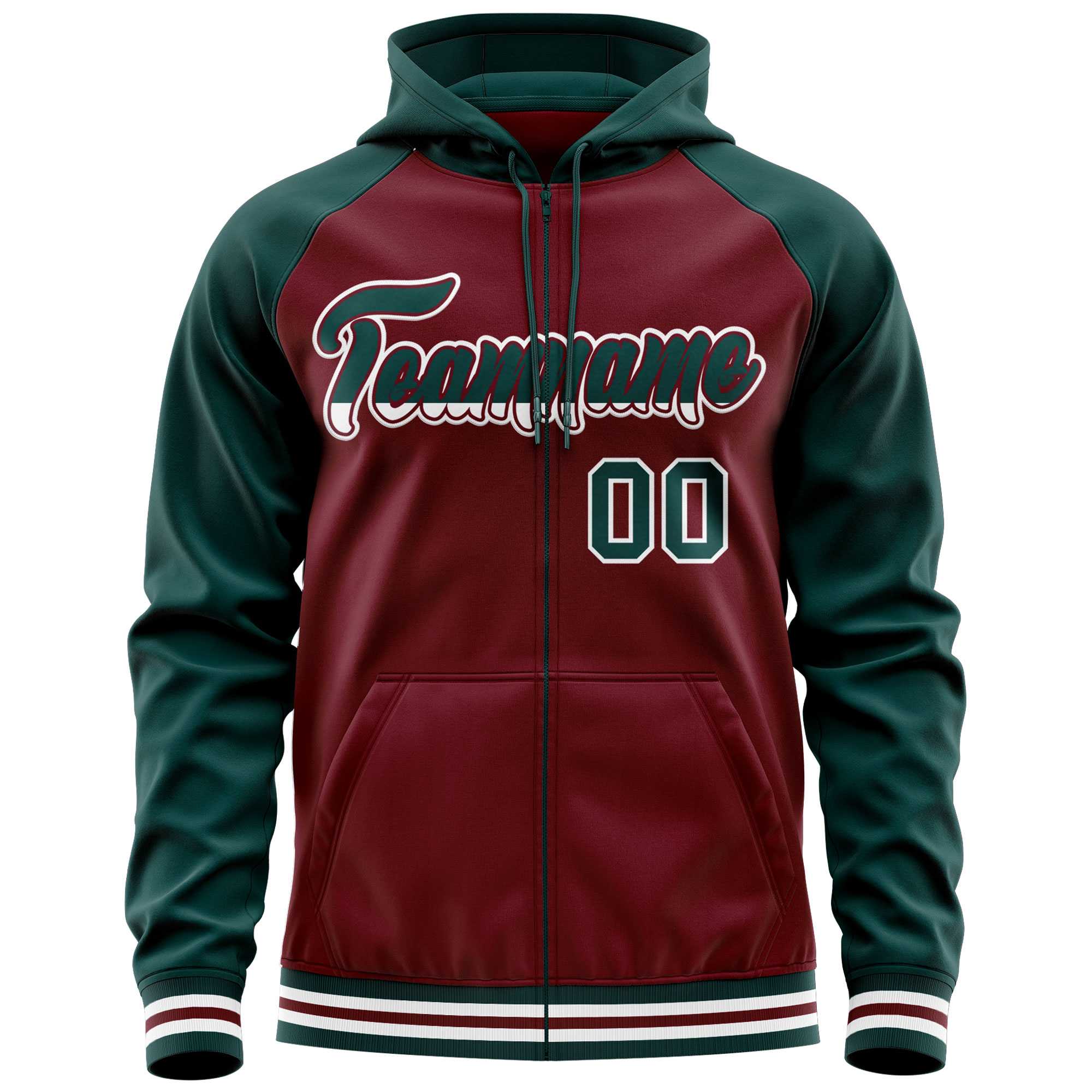 Custom Stitched Crimson Midnight Green Raglan Sleeves Sports Full-Zip Sweatshirt Hoodie