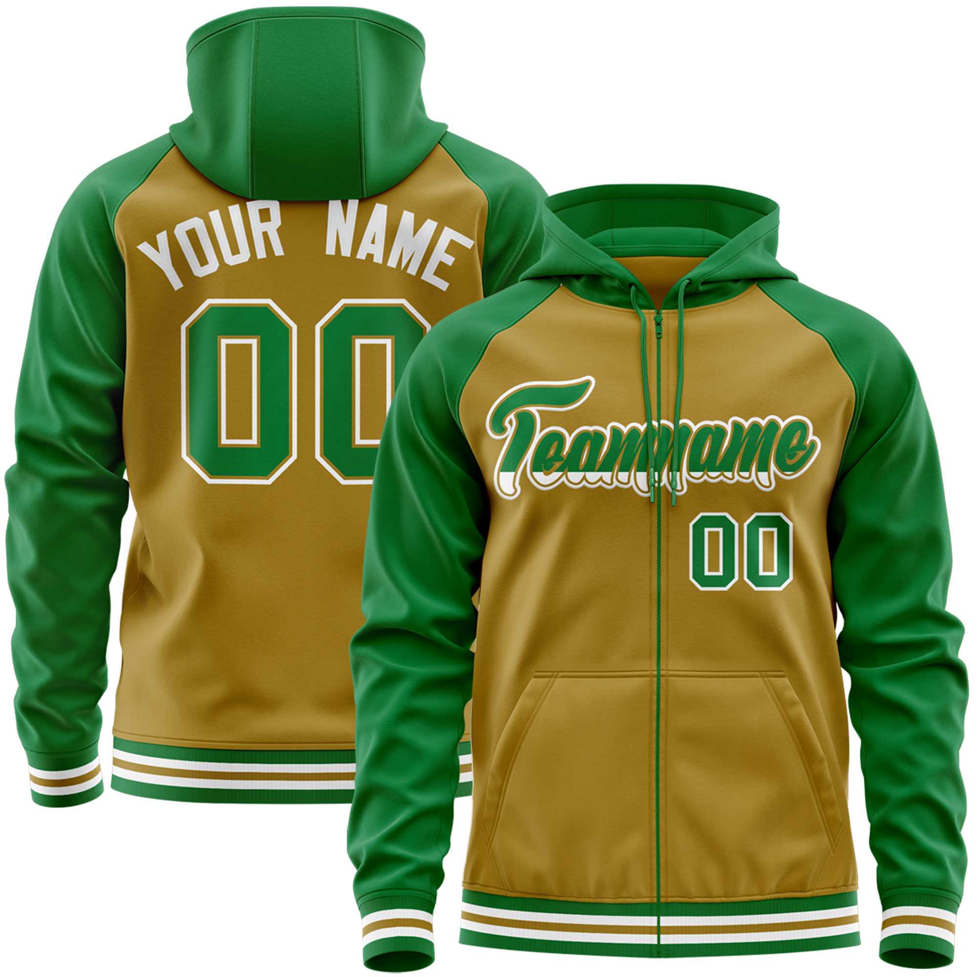 Custom Stitched Old Gold Kelly Green Raglan Sleeves Sports Full-Zip Sweatshirt Hoodie