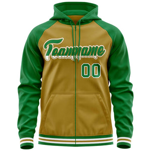 Custom Stitched Old Gold Kelly Green Raglan Sleeves Sports Full-Zip Sweatshirt Hoodie