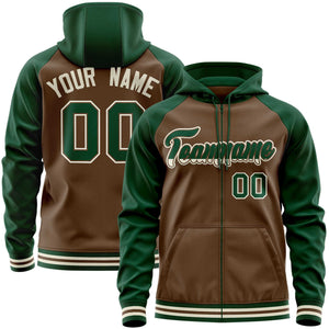 Custom Stitched Light Brown Green Raglan Sleeves Sports Full-Zip Sweatshirt Hoodie