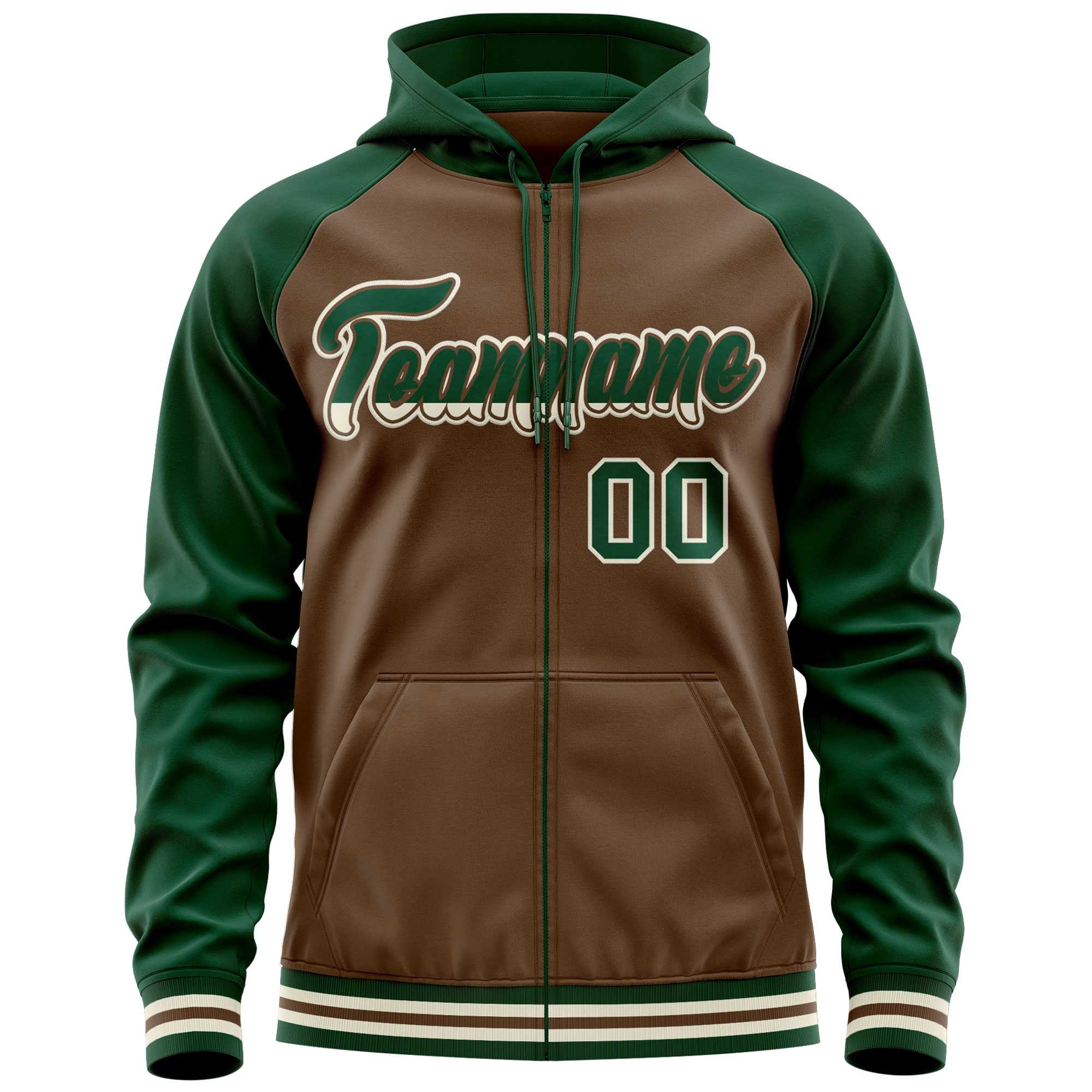 Custom Stitched Light Brown Green Raglan Sleeves Sports Full-Zip Sweatshirt Hoodie