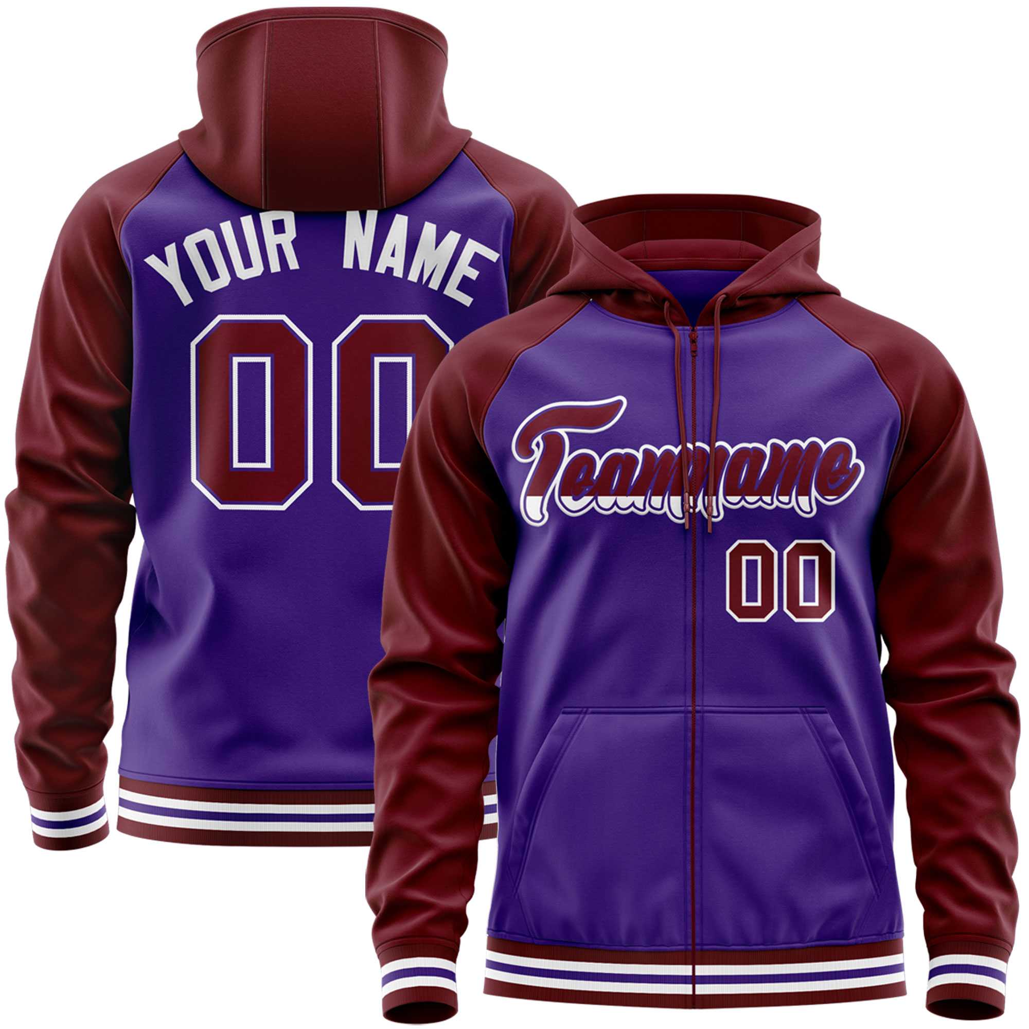 Custom Stitched Purple Crimson Raglan Sleeves Sports Full-Zip Sweatshirt Hoodie