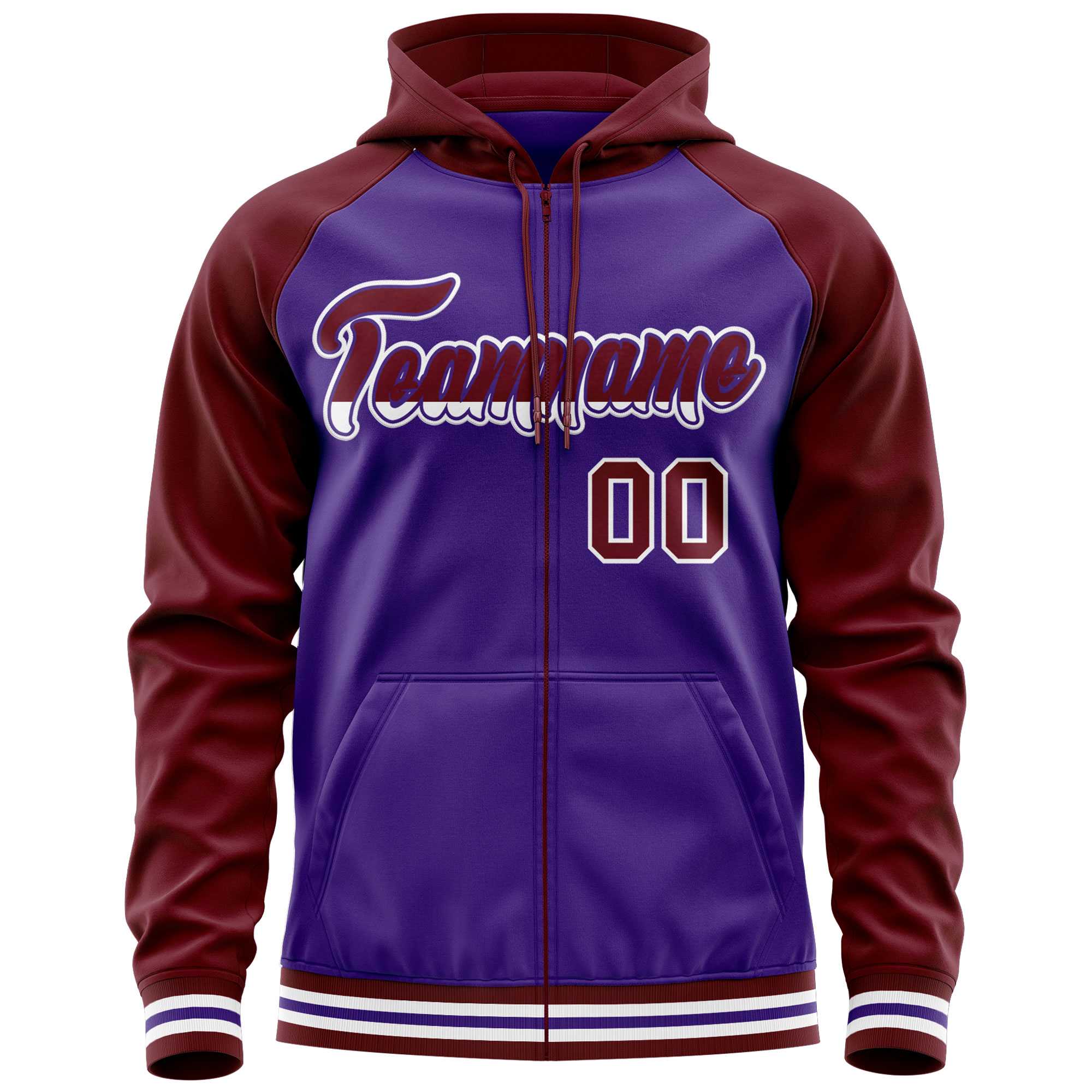 Custom Stitched Purple Crimson Raglan Sleeves Sports Full-Zip Sweatshirt Hoodie