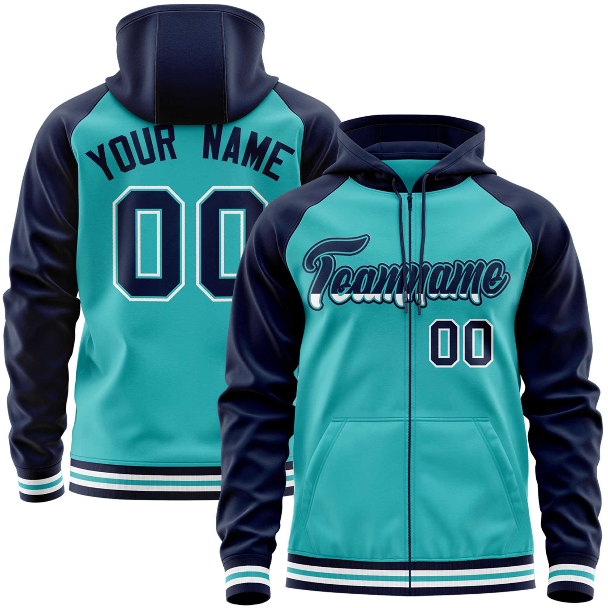 Custom Stitched Aqua Navy Raglan Sleeves Sports Full-Zip Sweatshirt Hoodie