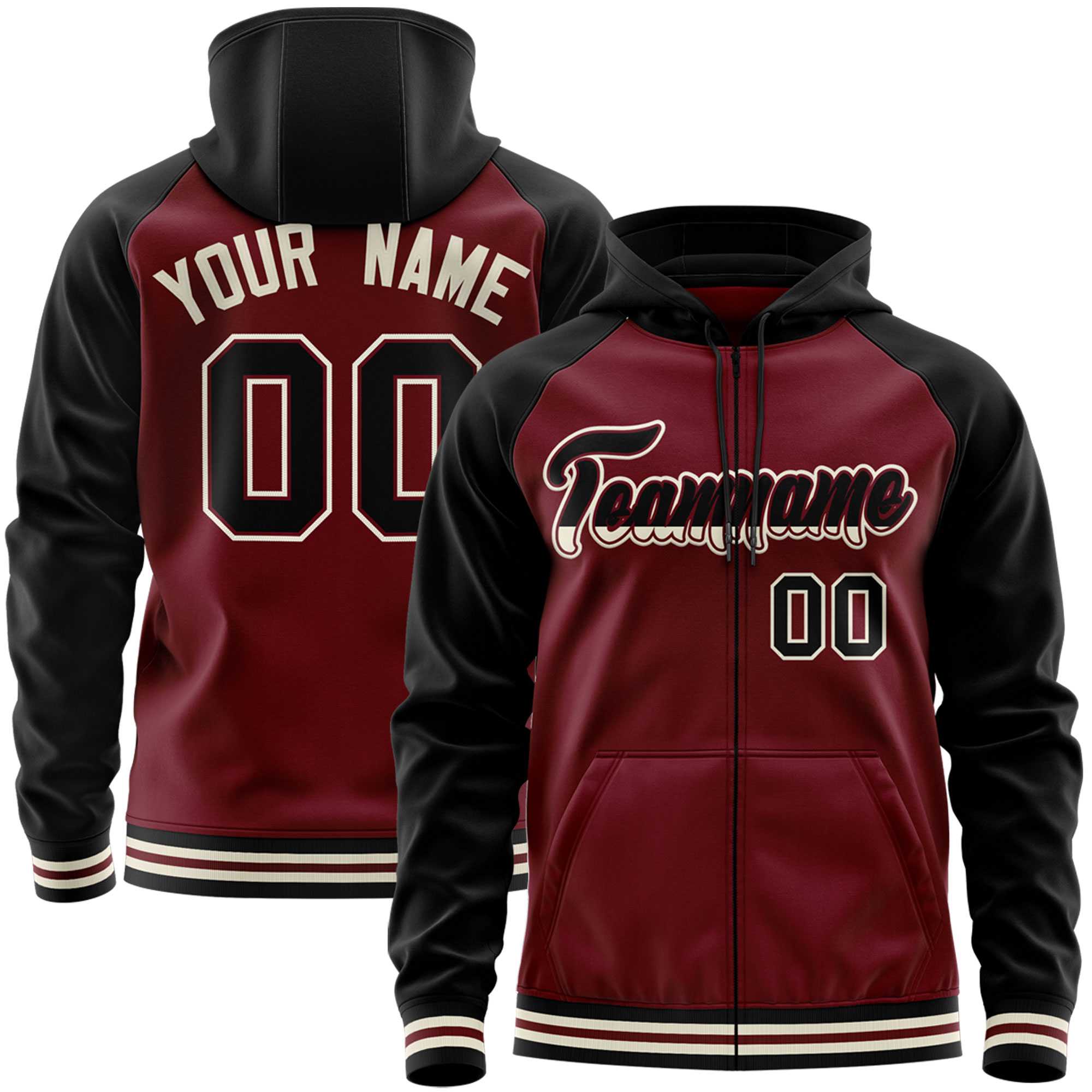 Custom Stitched Crimson Black Raglan Sleeves Sports Full-Zip Sweatshirt Hoodie