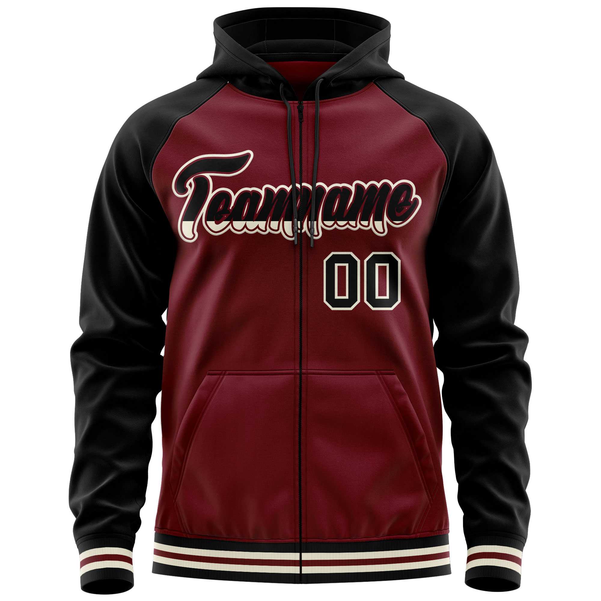 Custom Stitched Crimson Black Raglan Sleeves Sports Full-Zip Sweatshirt Hoodie