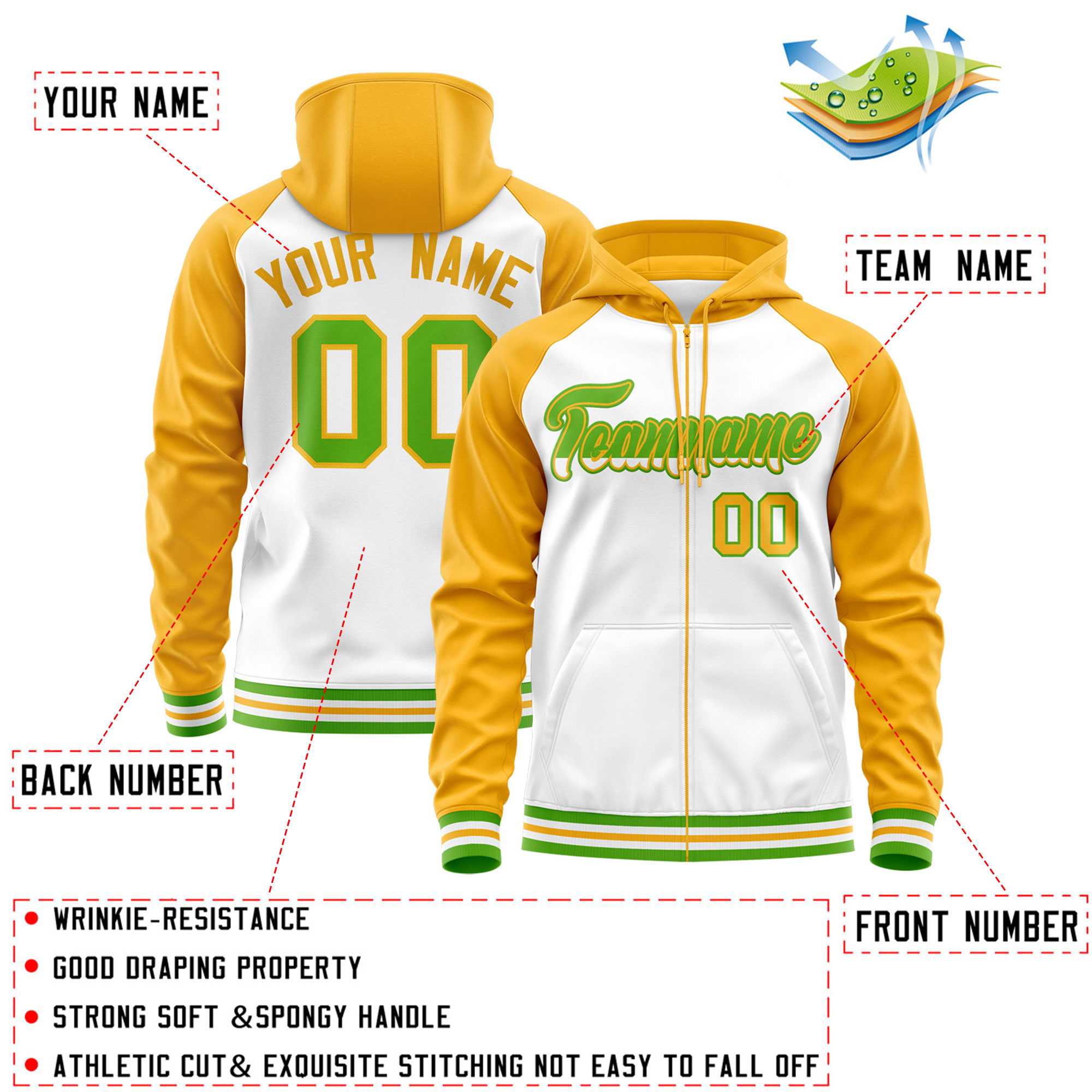 Custom Stitched White Yellow Raglan Sleeves Sports Full-Zip Sweatshirt Hoodie