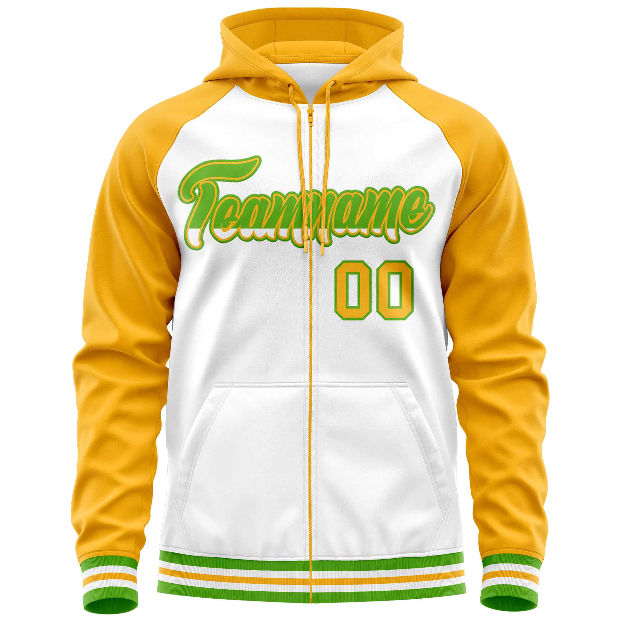 Custom Stitched White Yellow Raglan Sleeves Sports Full-Zip Sweatshirt Hoodie