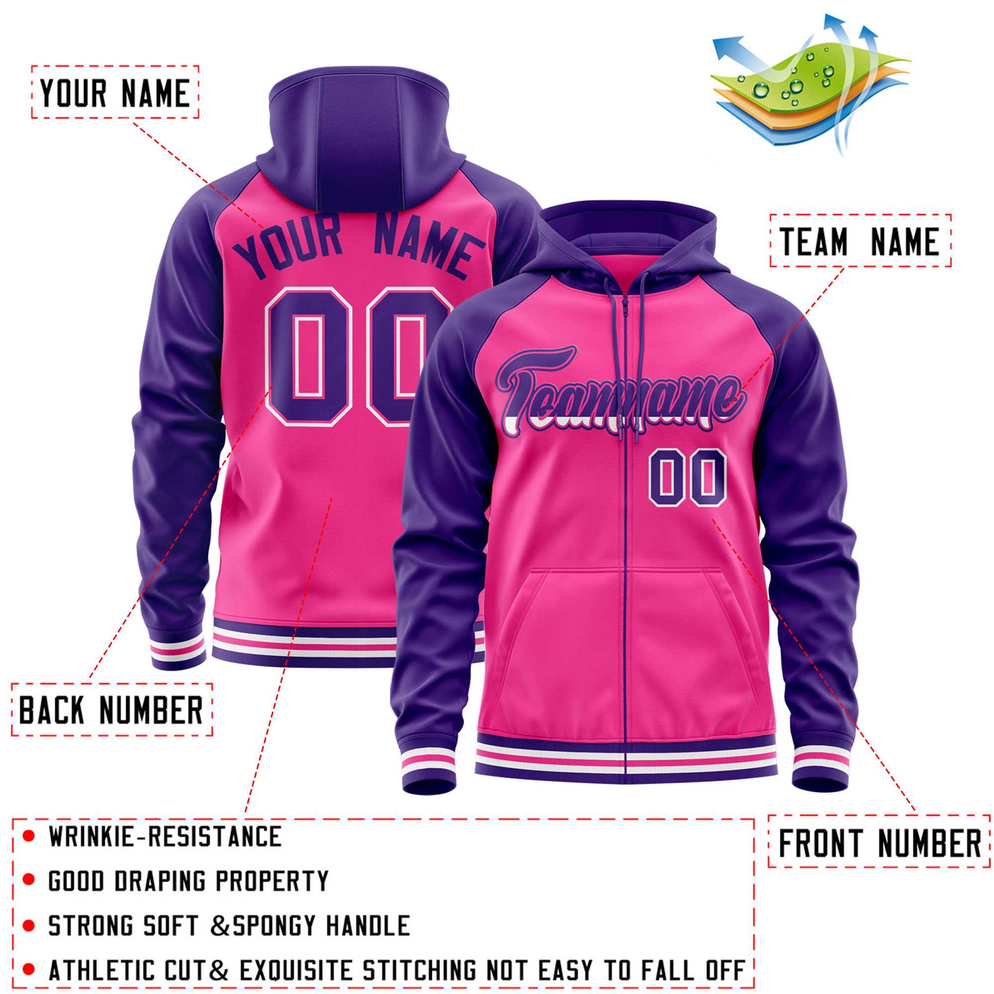 Custom Stitched Pink Purple Raglan Sleeves Sports Full-Zip Sweatshirt Hoodie