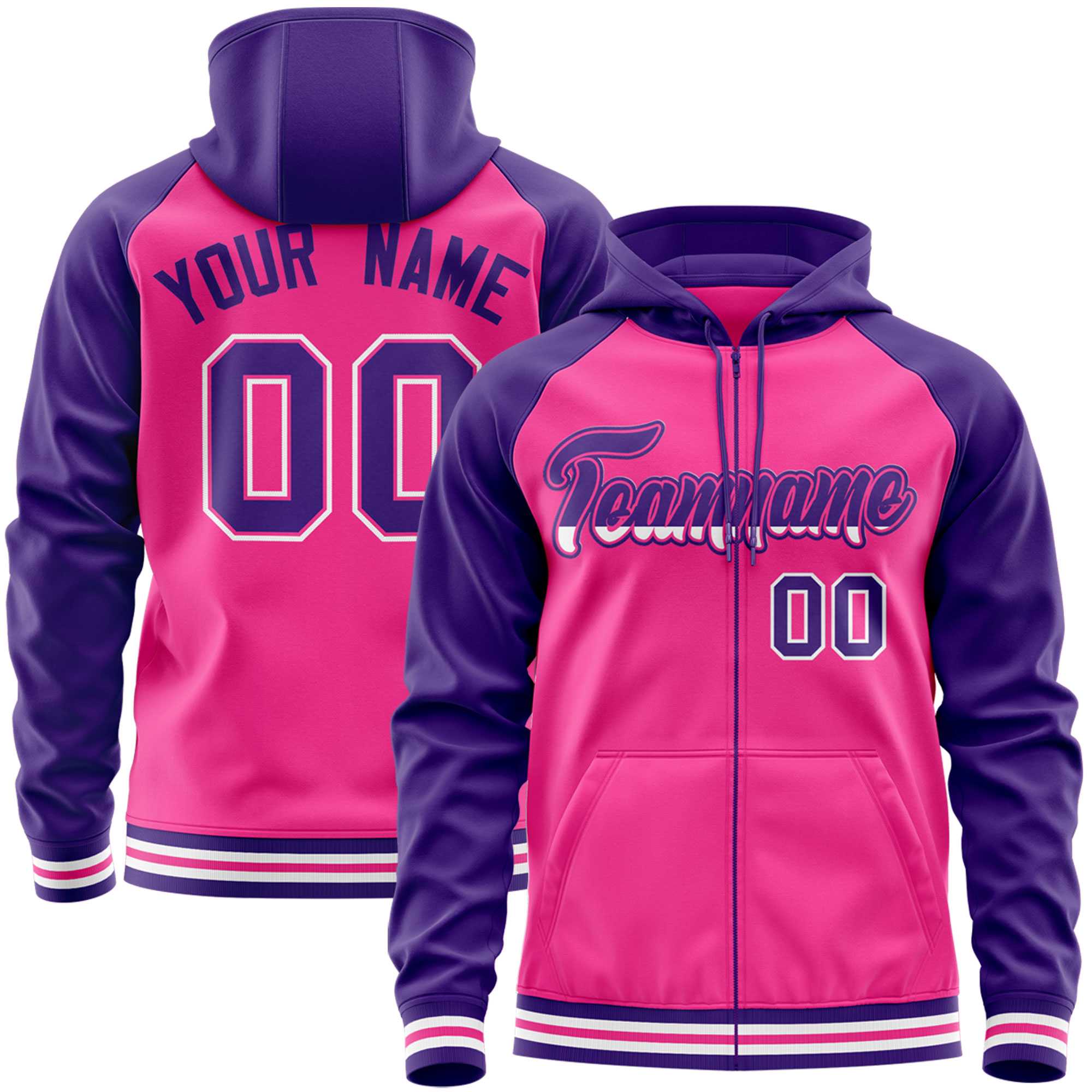 Custom Stitched Pink Purple Raglan Sleeves Sports Full-Zip Sweatshirt Hoodie