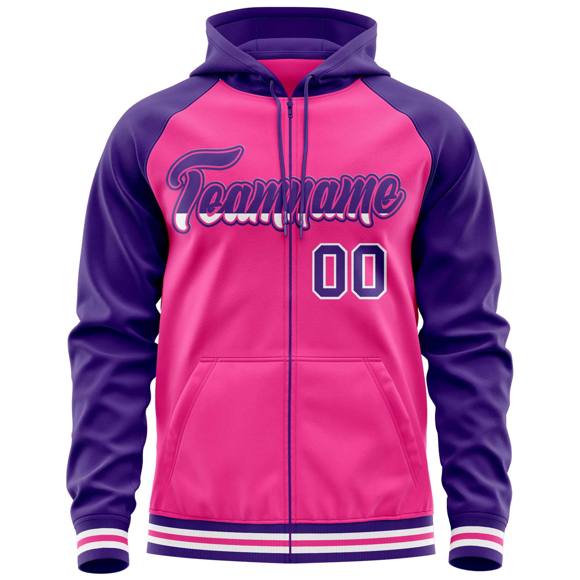 Custom Stitched Pink Purple Raglan Sleeves Sports Full-Zip Sweatshirt Hoodie