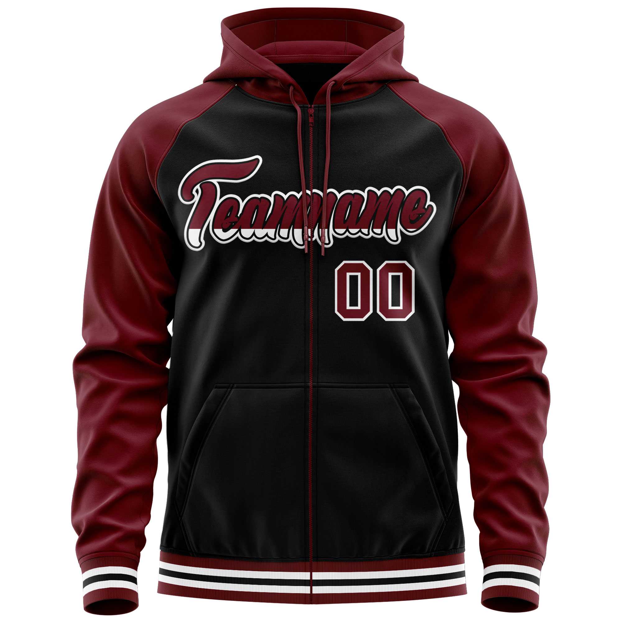 Custom Stitched Black Crimson Raglan Sleeves Sports Full-Zip Sweatshirt Hoodie