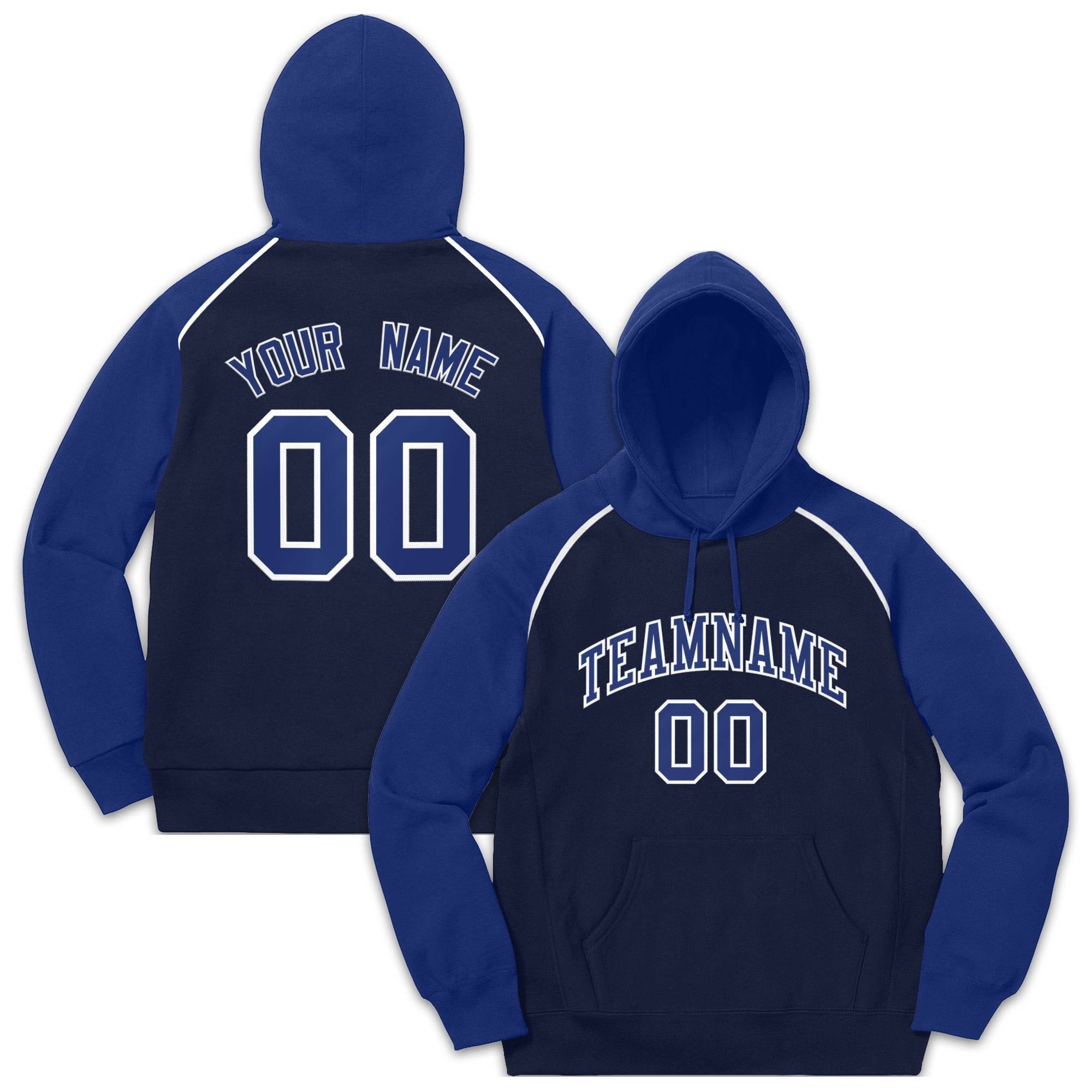 Custom Stitched Sportwear Navy Royal-White Raglan Sleeves Pullover Hoodie