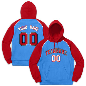 Custom Stitched Sportwear Powder Blue Red Raglan Sleeves Pullover Hoodie