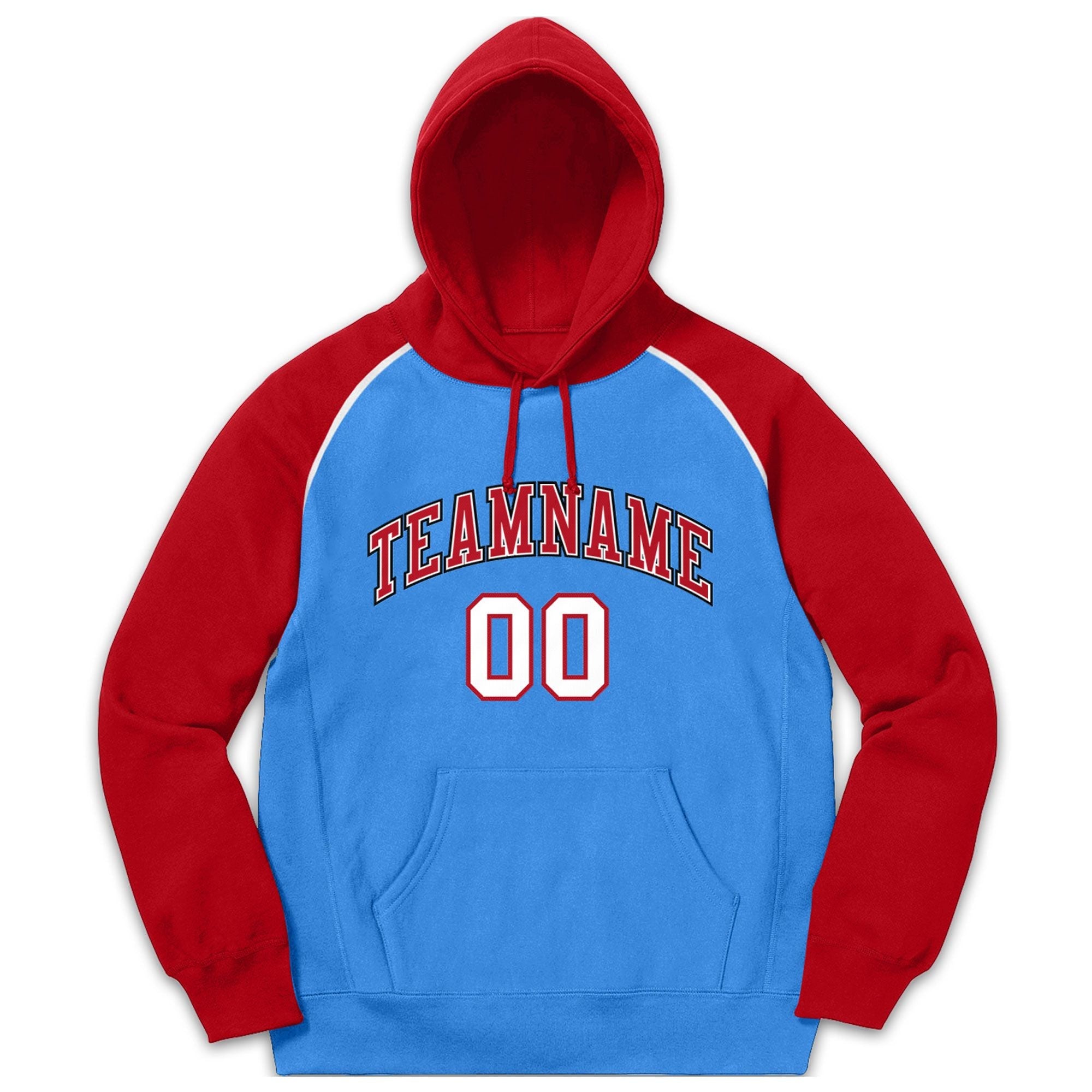 Custom Stitched Sportwear Powder Blue Red Raglan Sleeves Pullover Hoodie