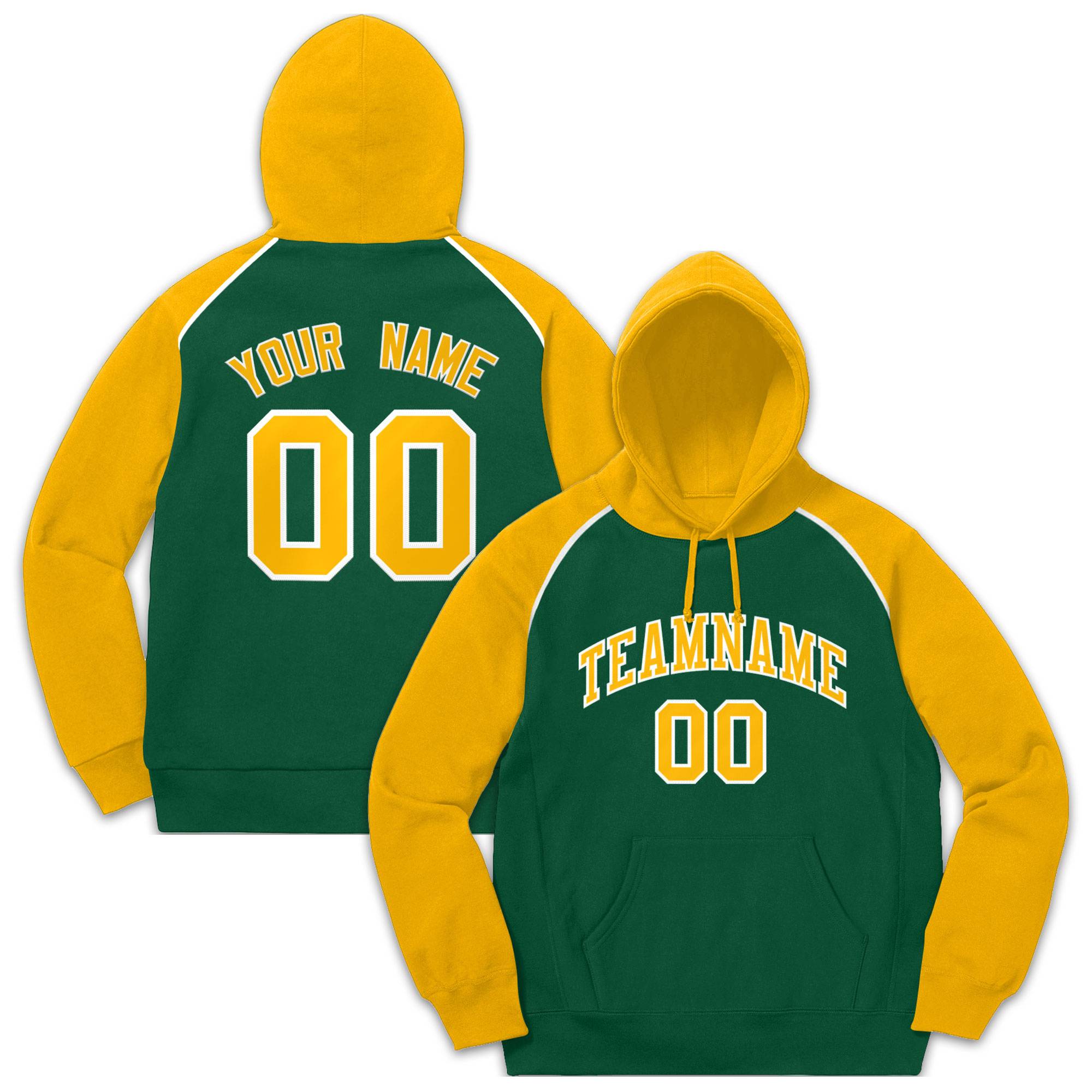 Custom Stitched Sportwear Green Gold-White Raglan Sleeves Pullover Hoodie