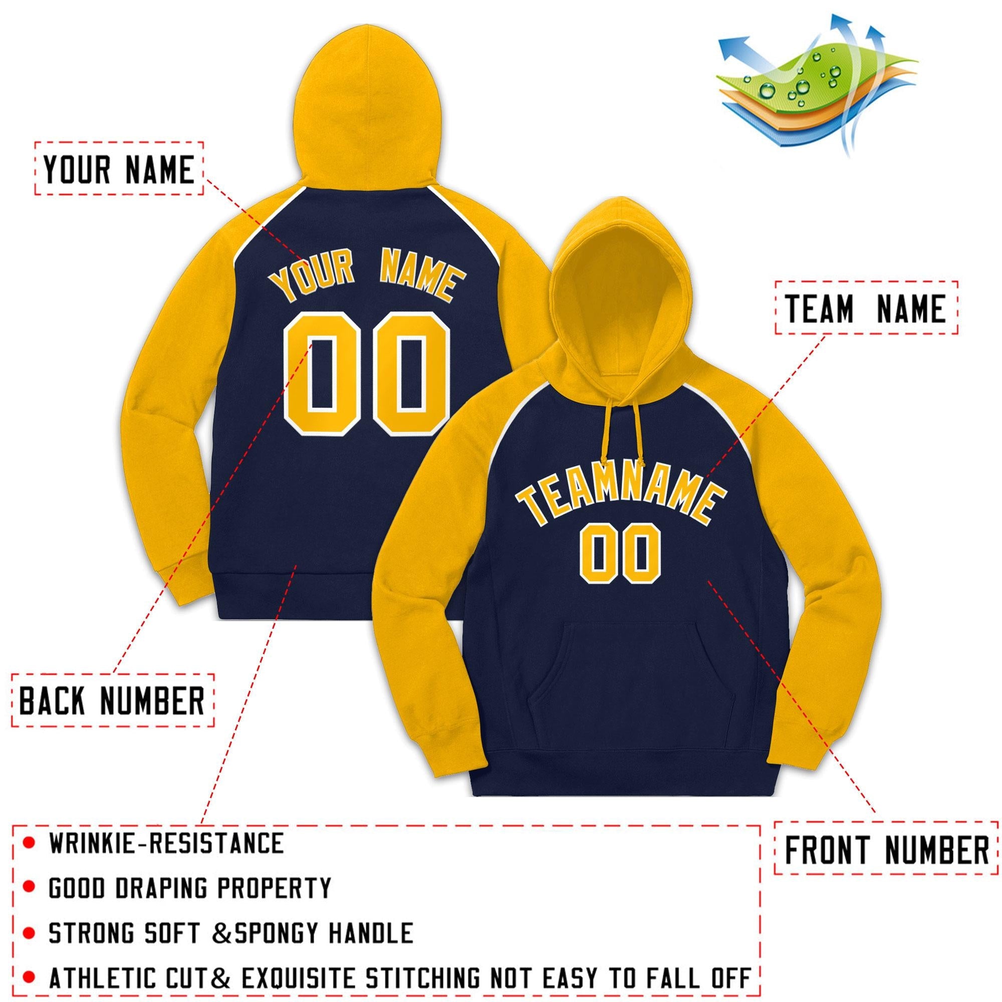 Custom Stitched Sportwear Navy Gold-White Raglan Sleeves Pullover Hoodie